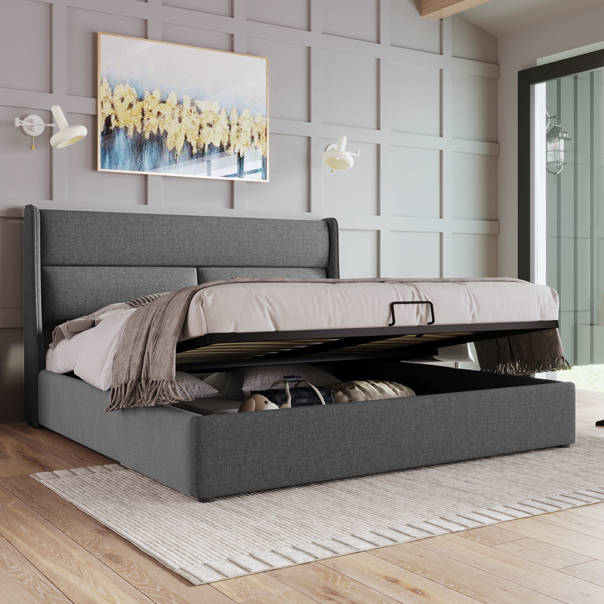Logidon double bed 180x200 gray with adjustable headrests