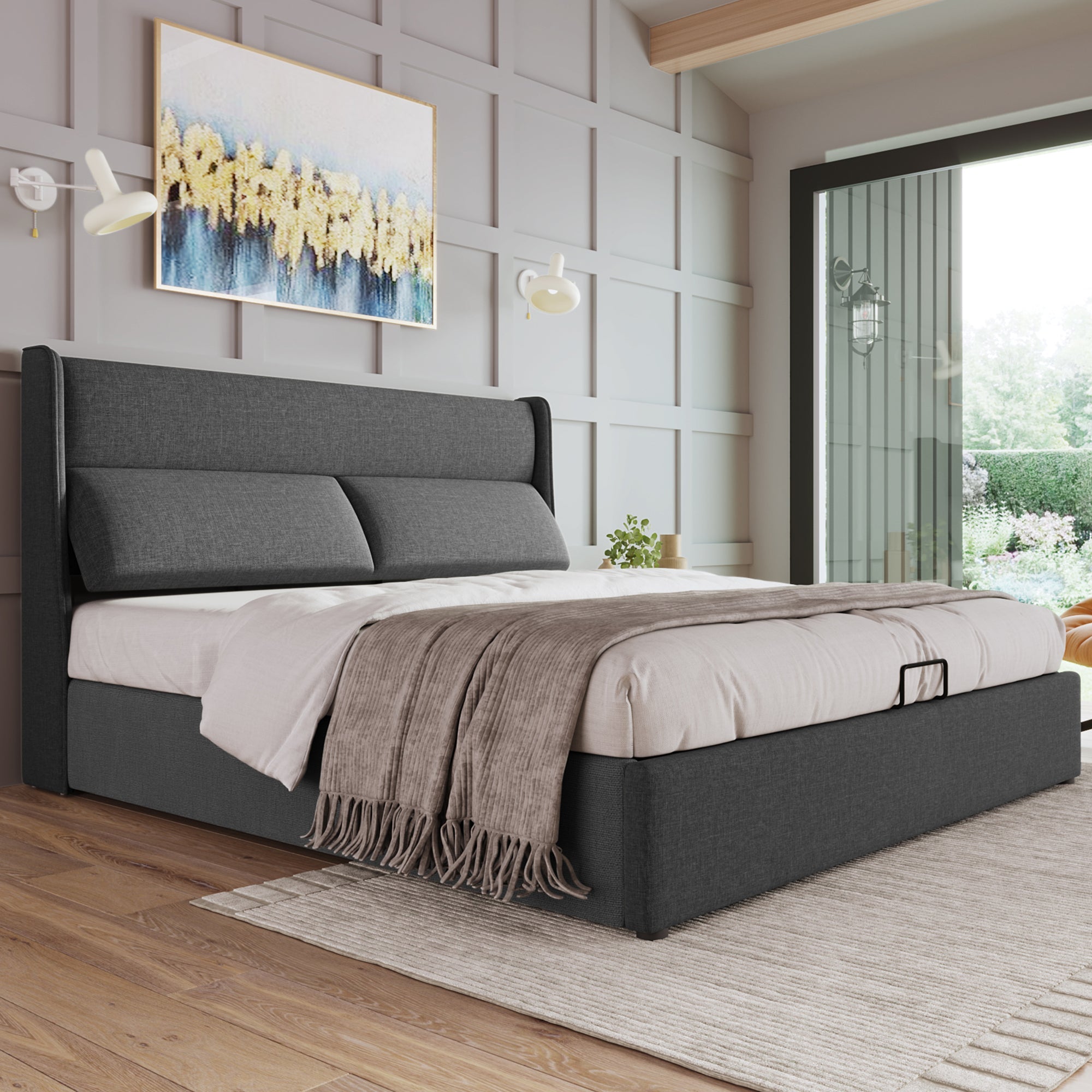 Logidon double bed 180x200 gray with adjustable headrests