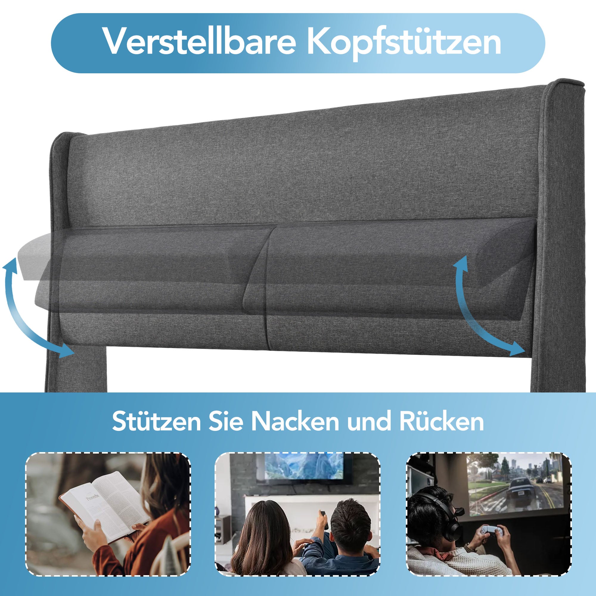 Logidon double bed 180x200 gray with adjustable headrests