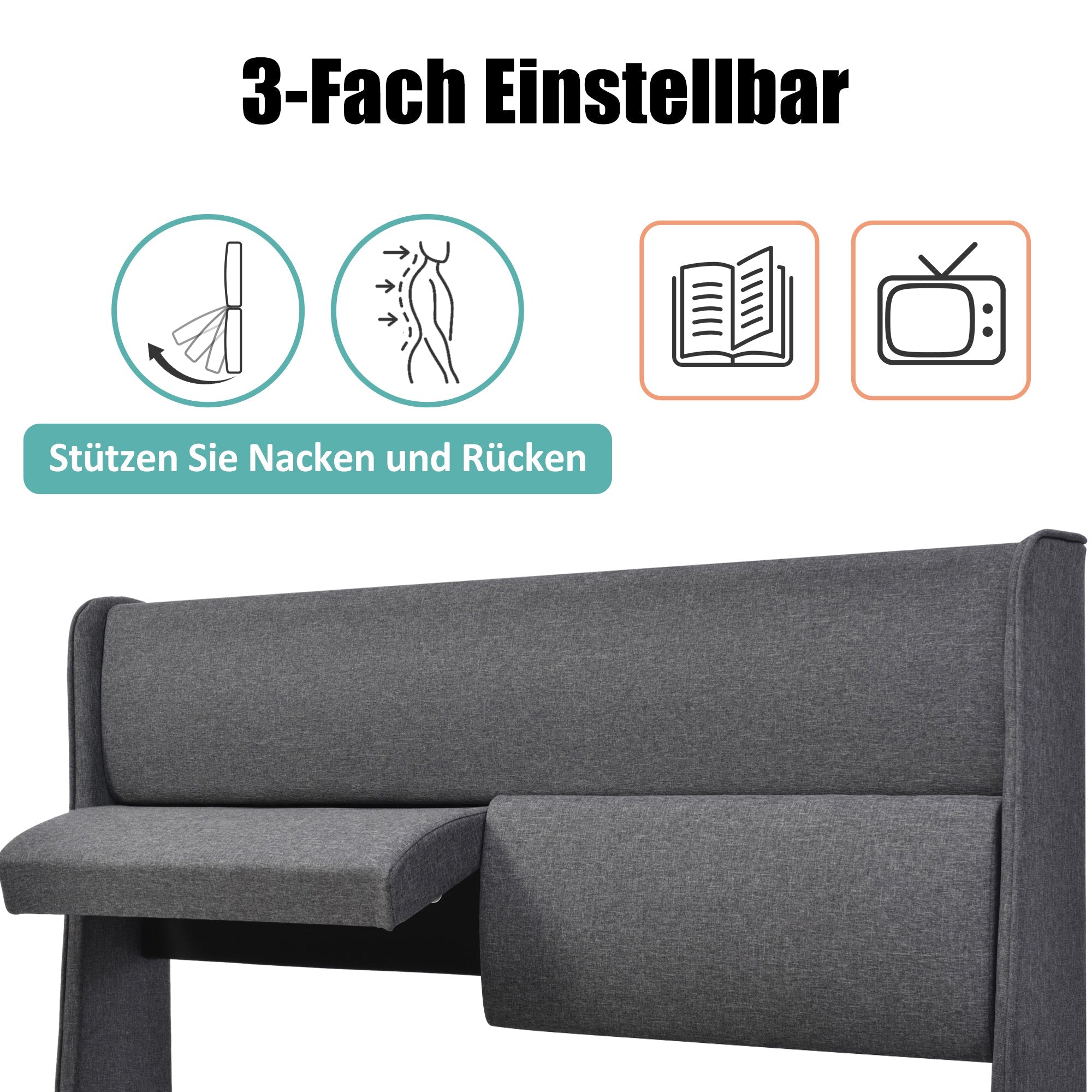 Logidon double bed 180x200 gray with adjustable headrests