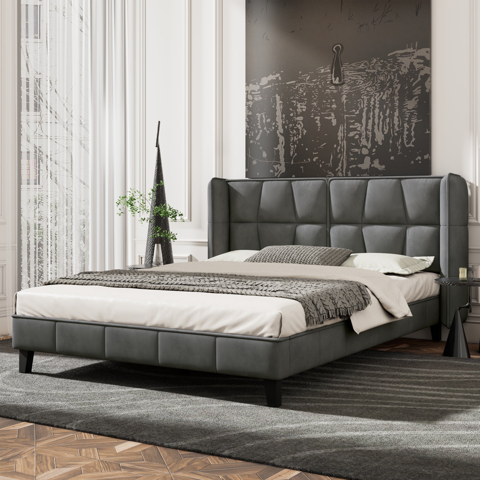 Logidon gestoffeerd bed 140x200 met lattenbodem en hoofdbord grijs fluweel