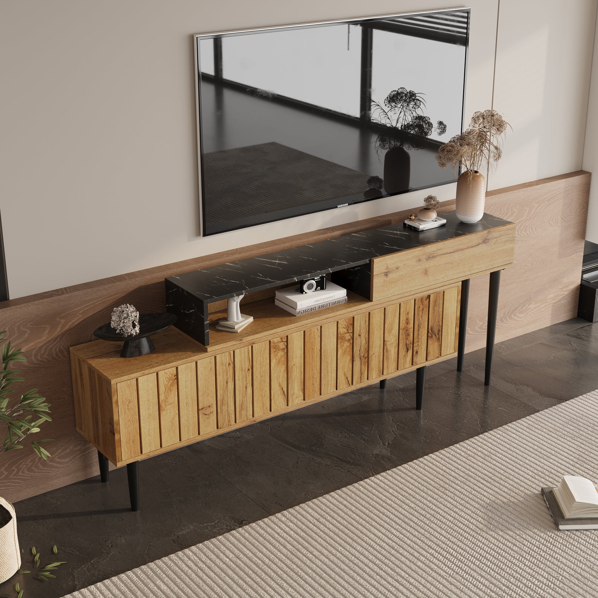 Logidon Modern tv-meubel met marmeren houtnerf, natuurlijk hout