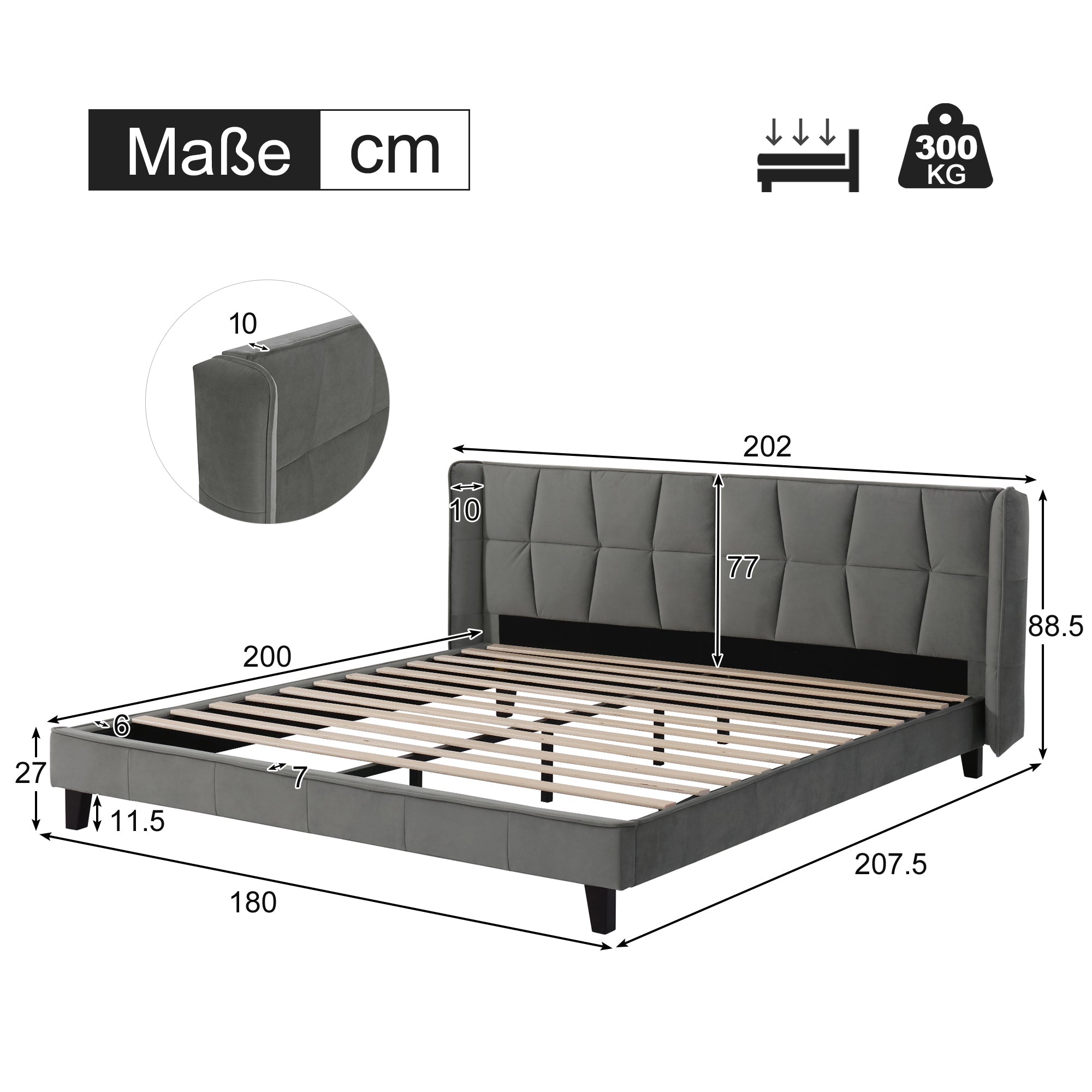 Logidon gestoffeerd bed 180x200 cm grijs fluweel met hoofdbord