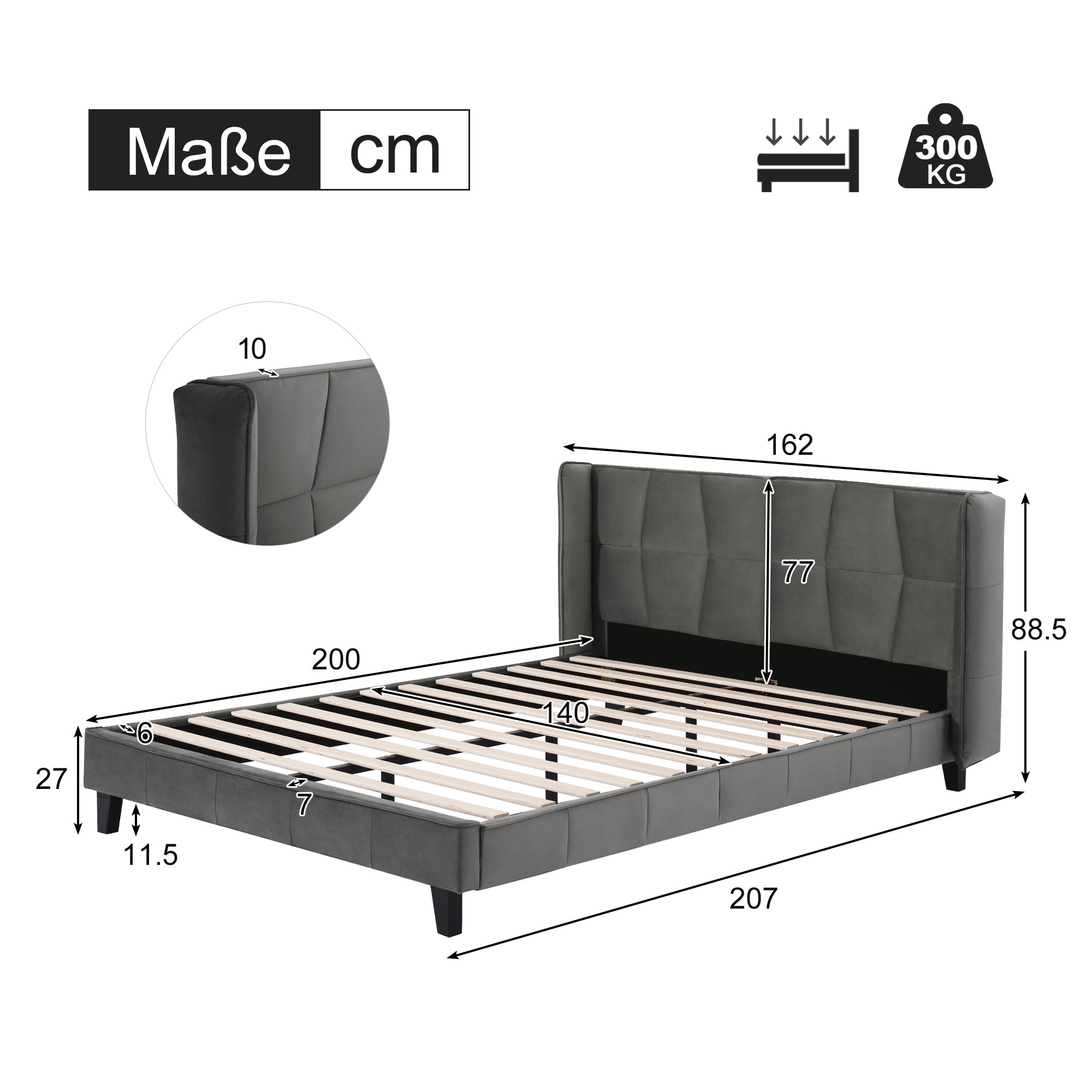 Logidon gestoffeerd bed 140x200 met lattenbodem en hoofdbord grijs fluweel
