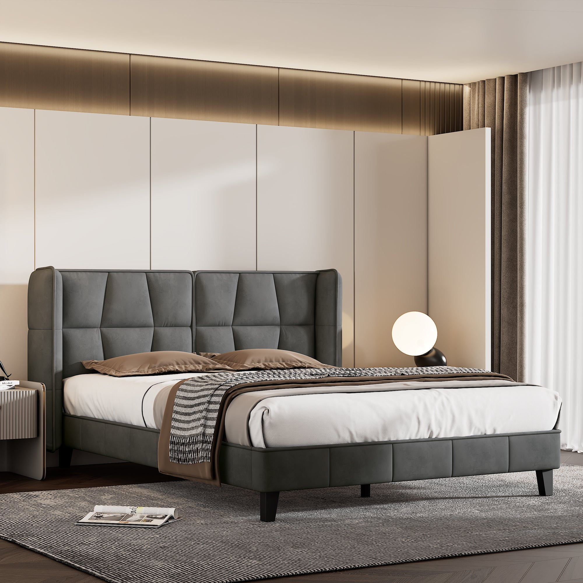 Logidon gestoffeerd bed 140x200 met lattenbodem en hoofdbord grijs fluweel