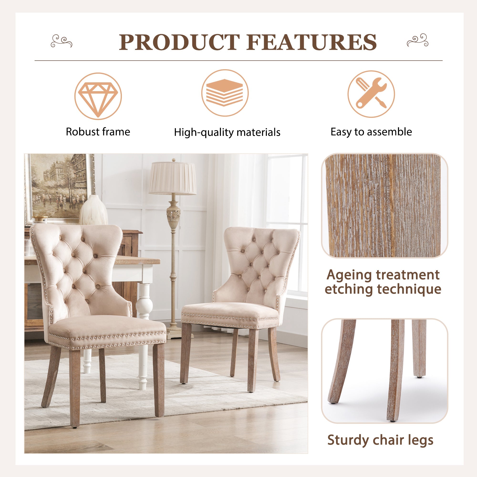 Logidon Eetkamerstoel Beige Fluweel Set van 2 Stoelen Met Deurklopper