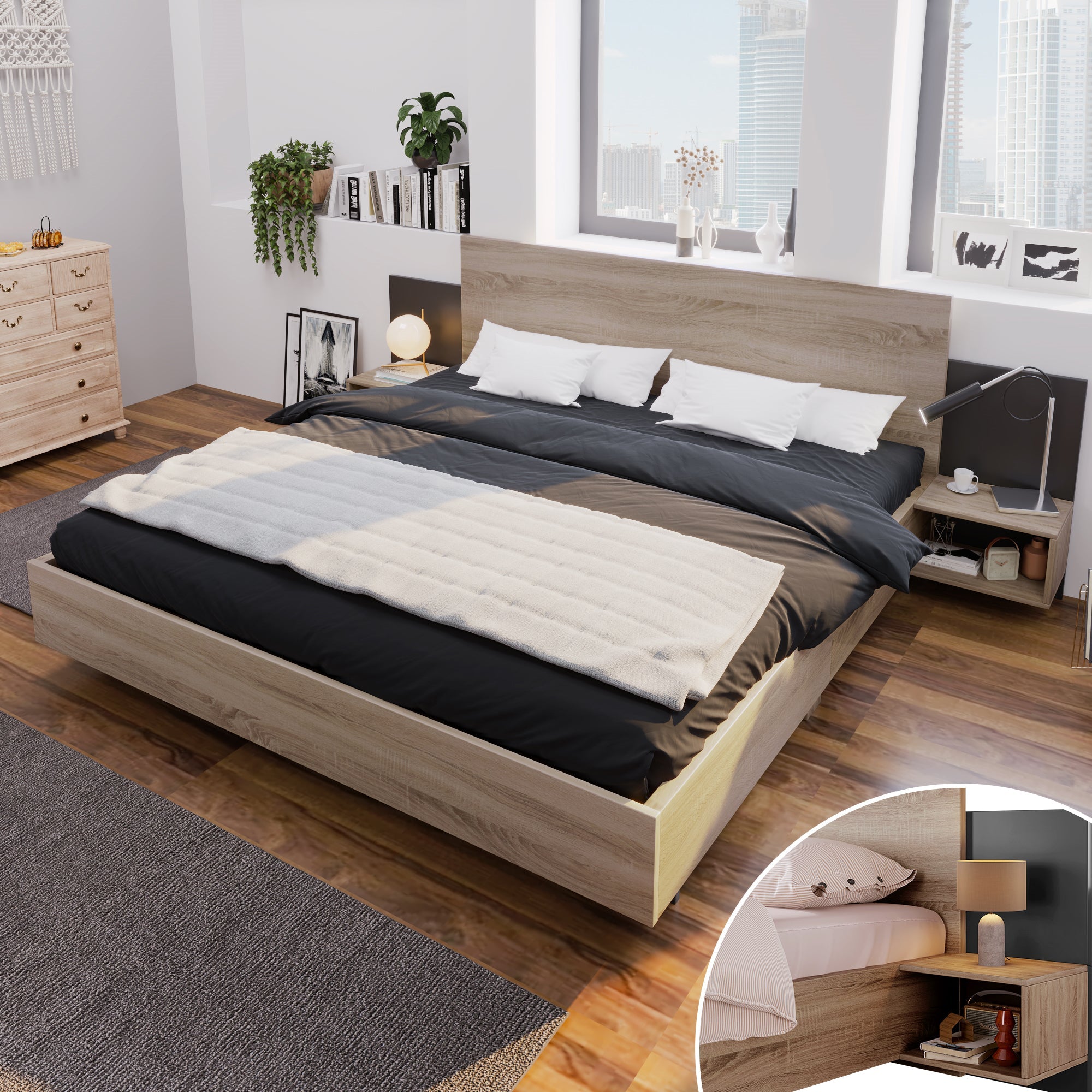 Logidon tweepersoonsbed 160x200 cm houten bedsysteem Sonoma eiken donkergrijs