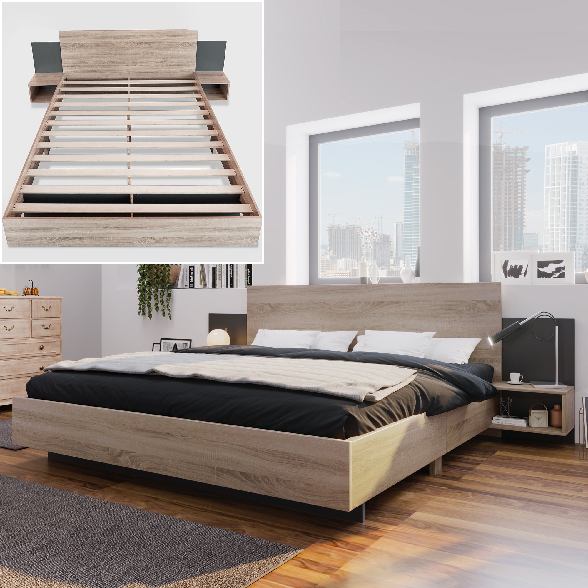 Logidon tweepersoonsbed 160x200 cm houten bedsysteem Sonoma eiken donkergrijs