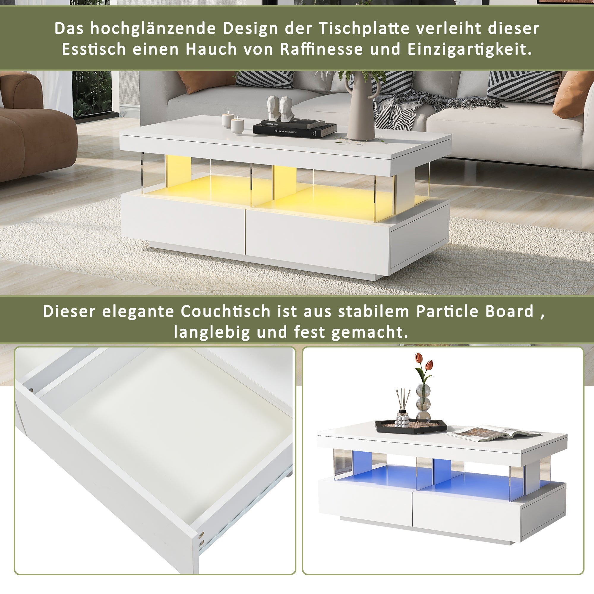 Logidon Hoogglans Witte Salontafel Met LED Verlichting Moderne Tafel