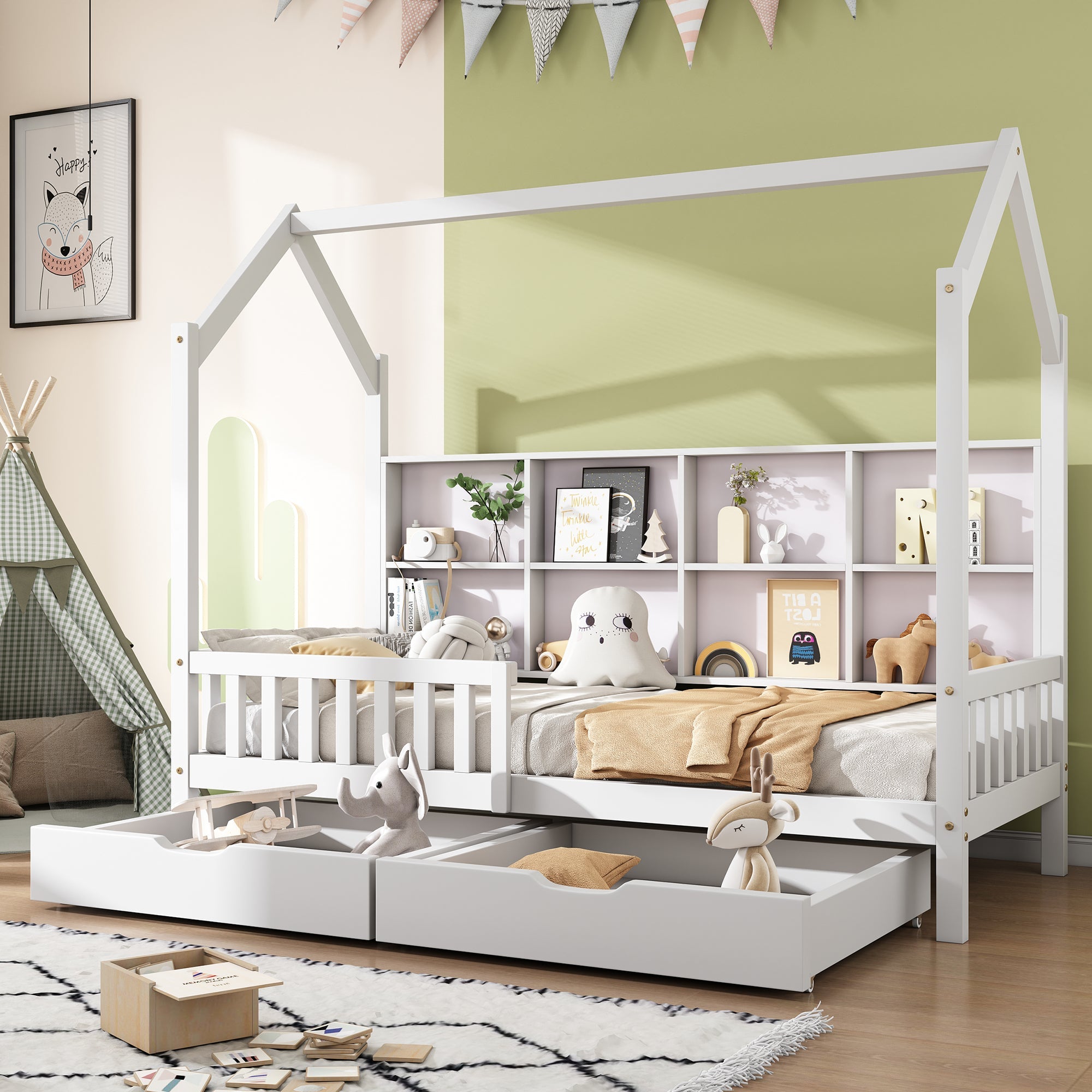 Logidon huisbed 90x200 wit met boekenkast en twee lades