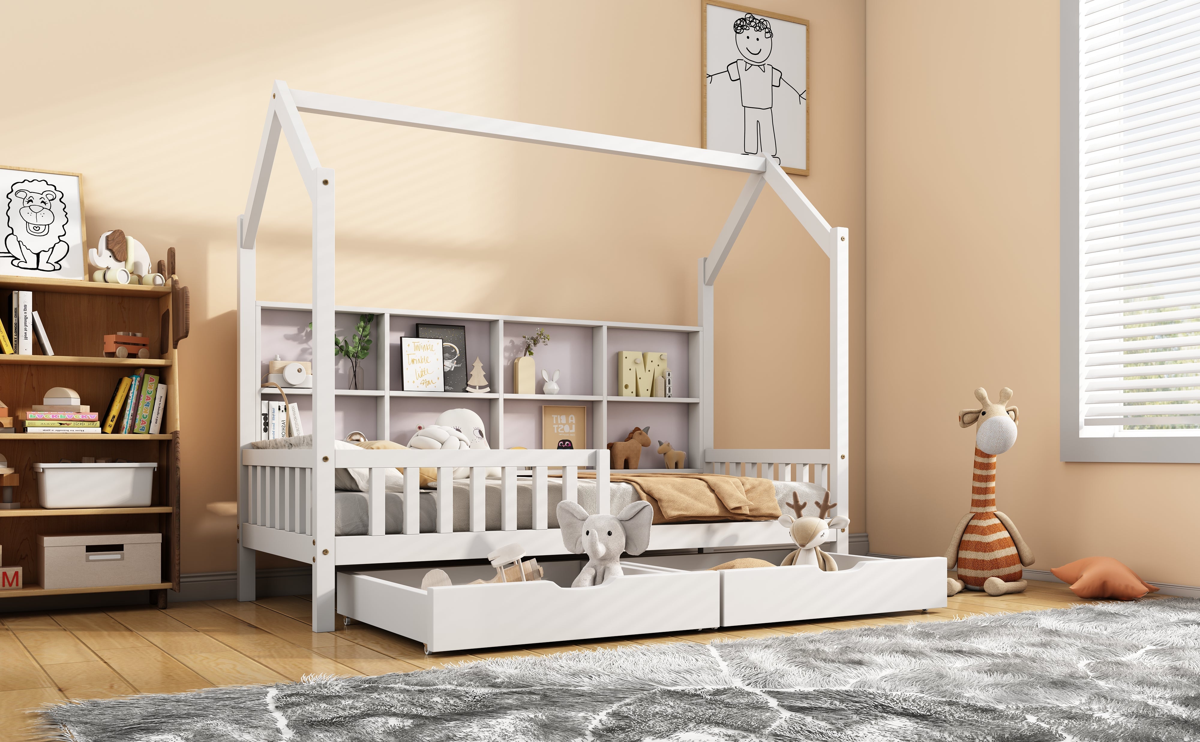 Logidon huisbed 90x200 wit met boekenkast en twee lades