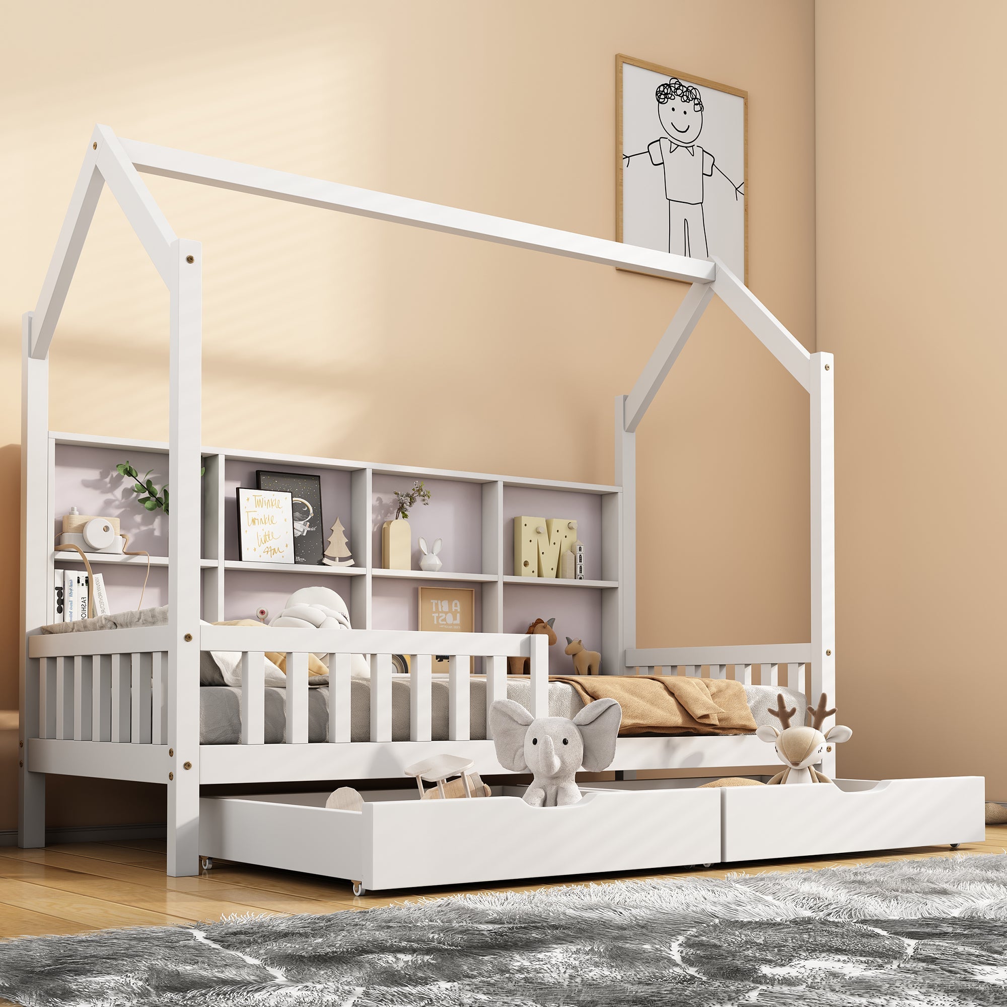 Logidon huisbed 90x200 wit met boekenkast en twee lades