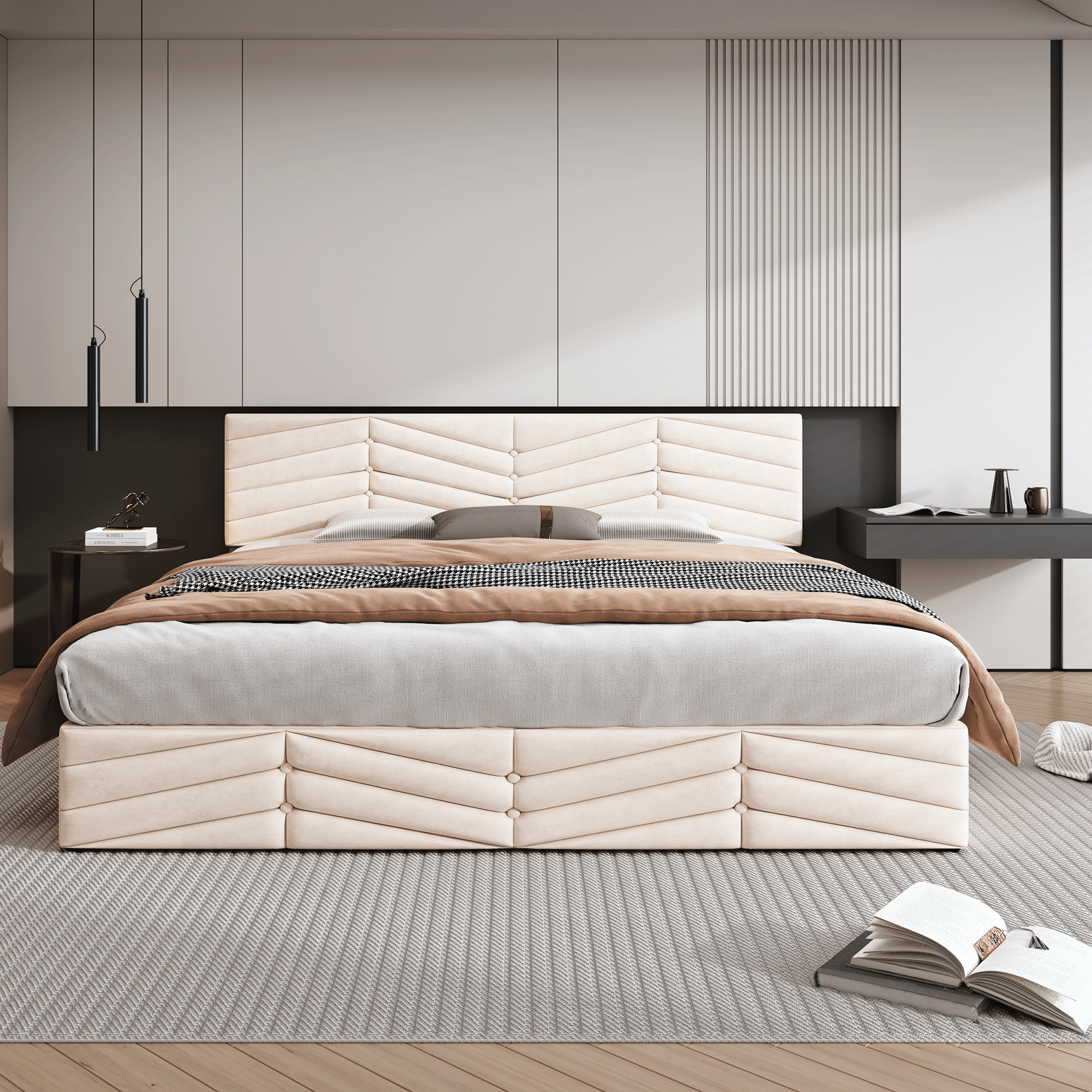 Logidon gestoffeerd bed 160x200 beige fluweel in hoogte verstelbaar hoofdbord