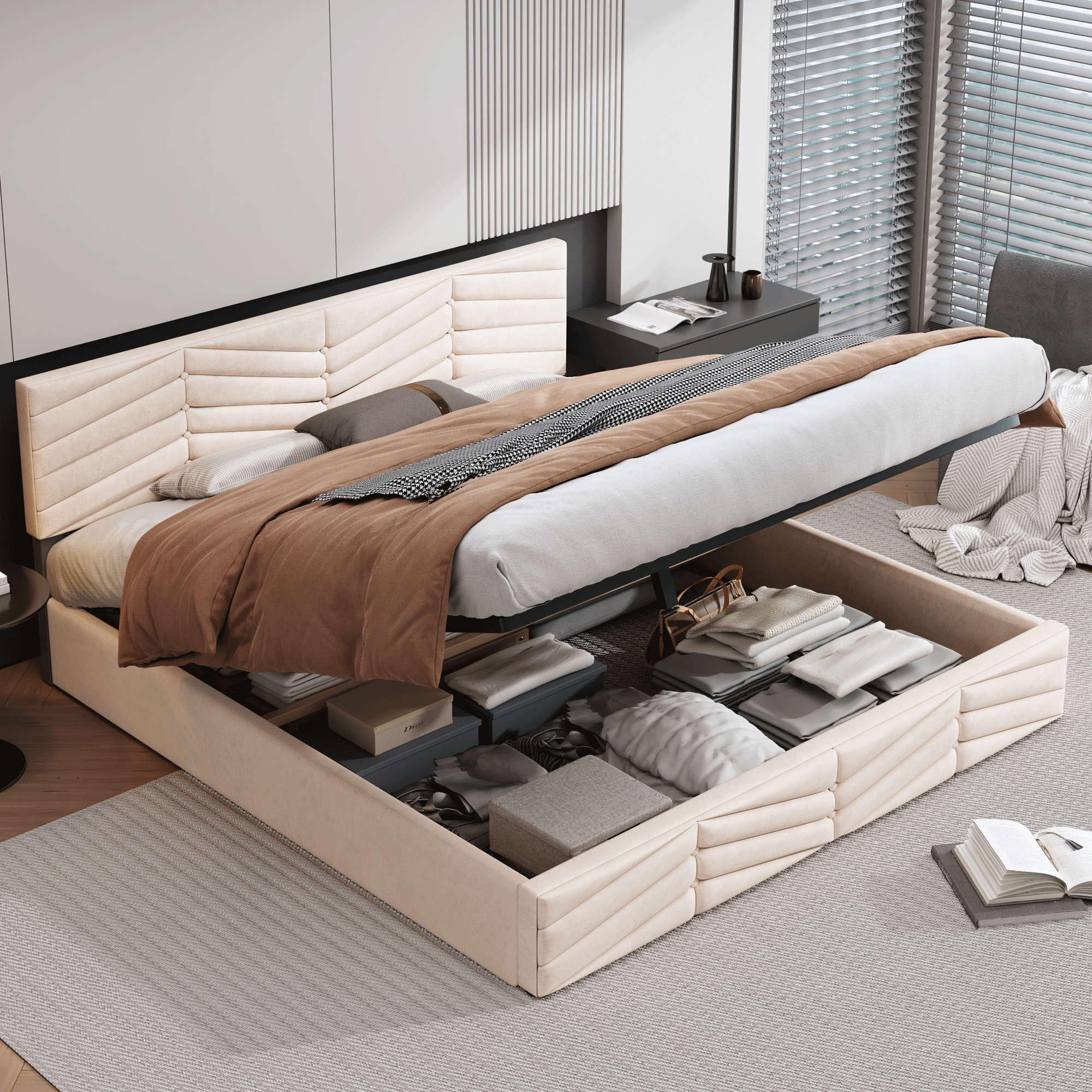 Logidon gestoffeerd bed 160x200 beige fluweel in hoogte verstelbaar hoofdbord