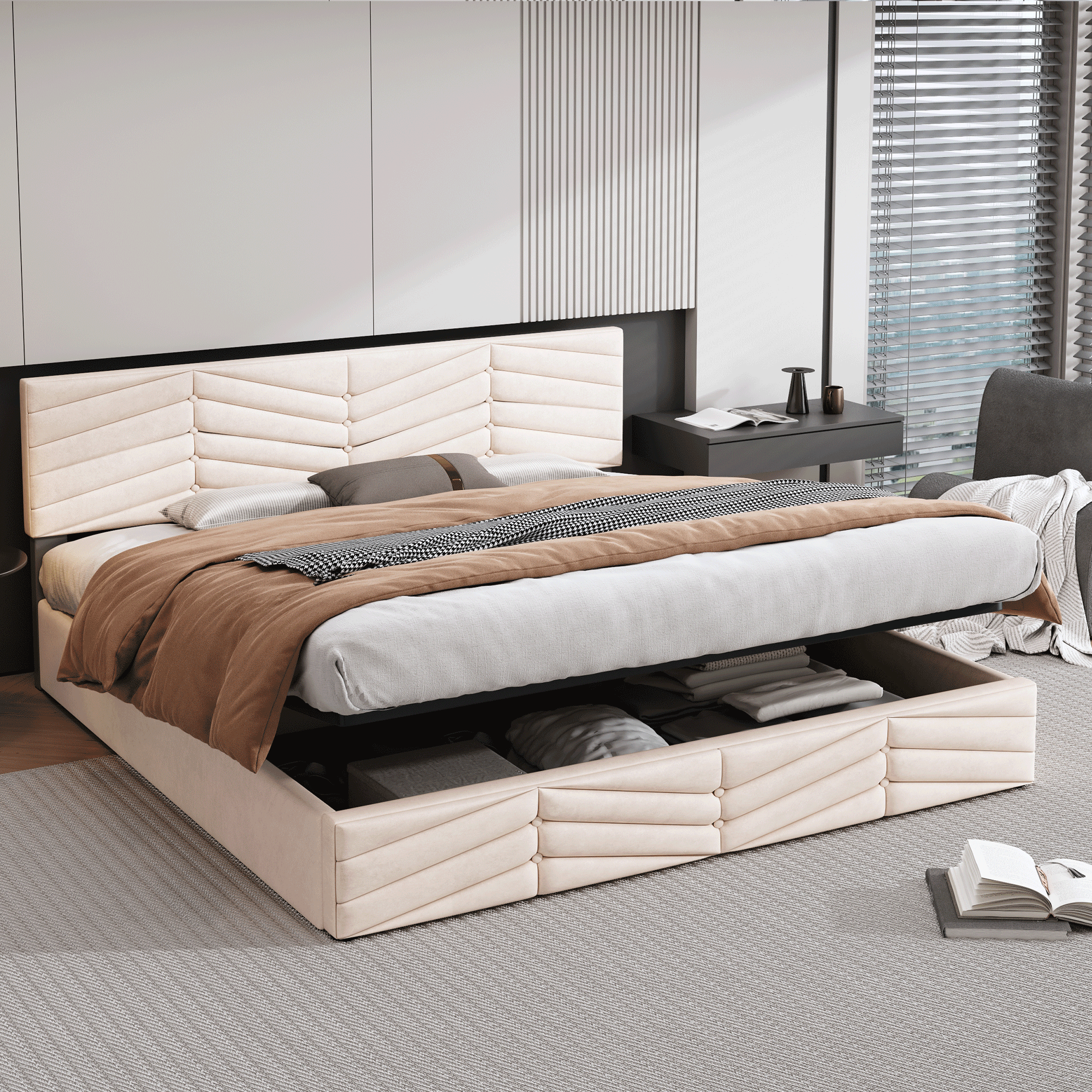 Logidon gestoffeerd bed 160x200 beige fluweel in hoogte verstelbaar hoofdbord