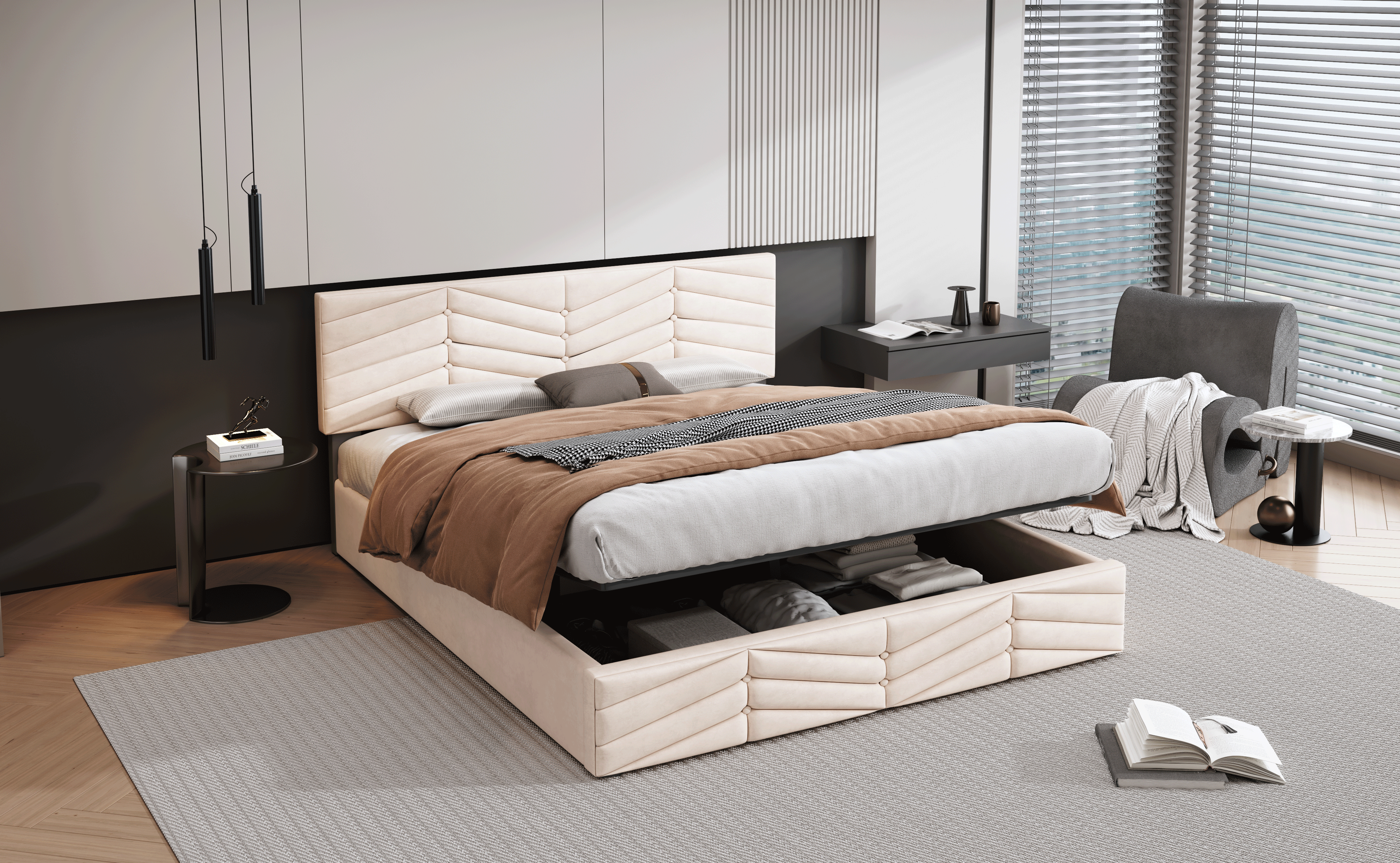 Logidon gestoffeerd bed 140x200 cm beige fluweel verstelbaar hoofdeinde