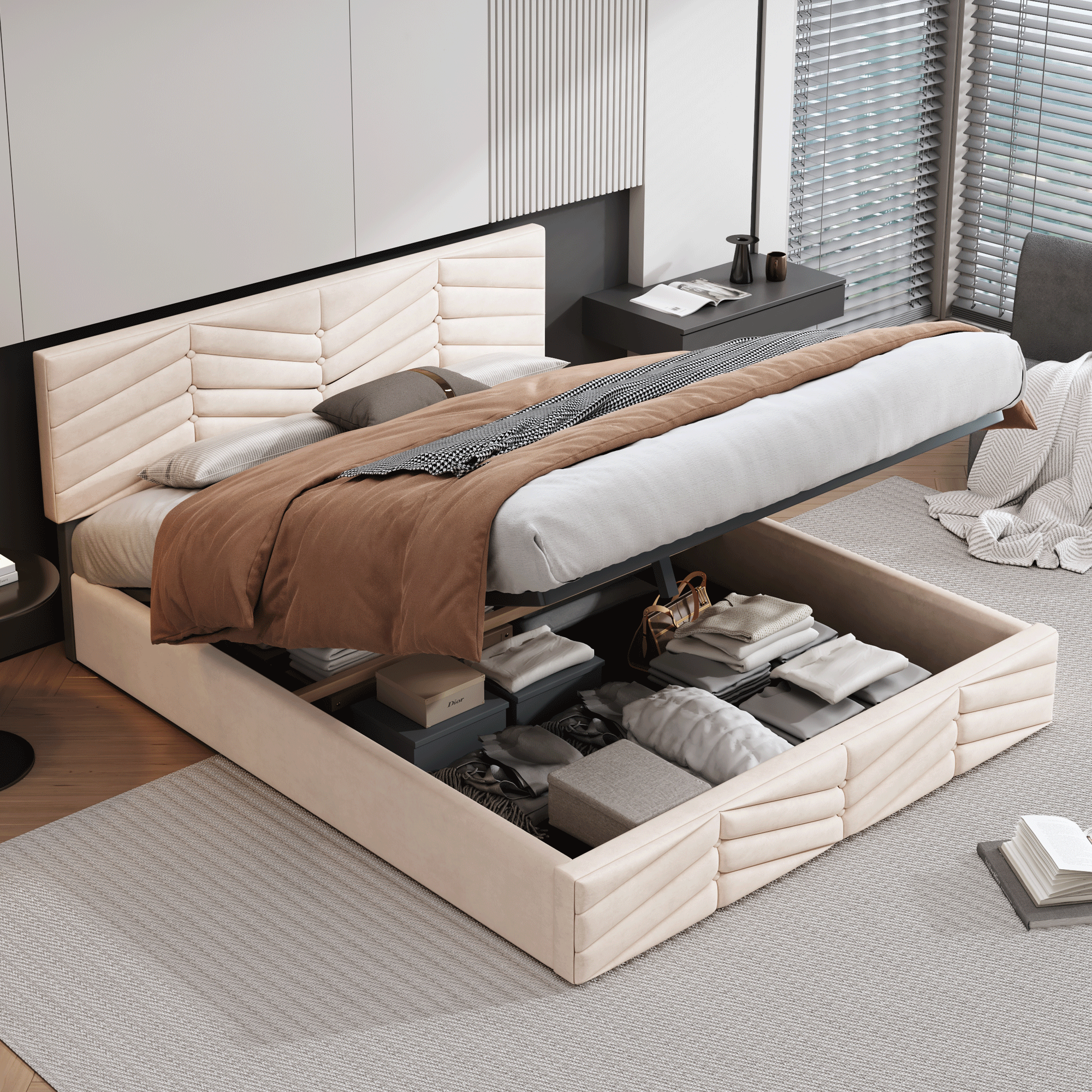 Logidon gestoffeerd bed 140x200 cm beige fluweel verstelbaar hoofdeinde