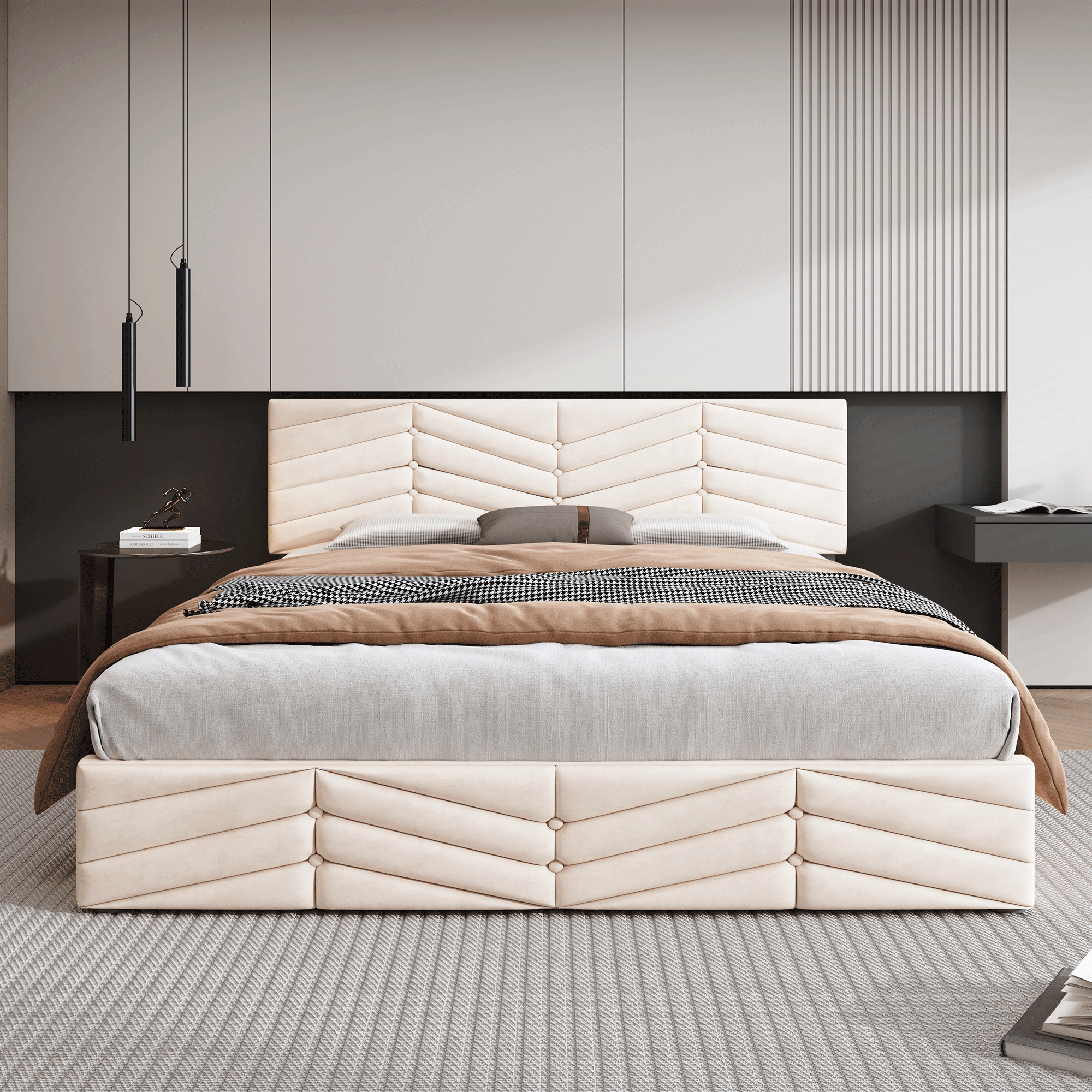 Logidon gestoffeerd bed 140x190 met in hoogte verstelbaar hoofdbord beige fluweel