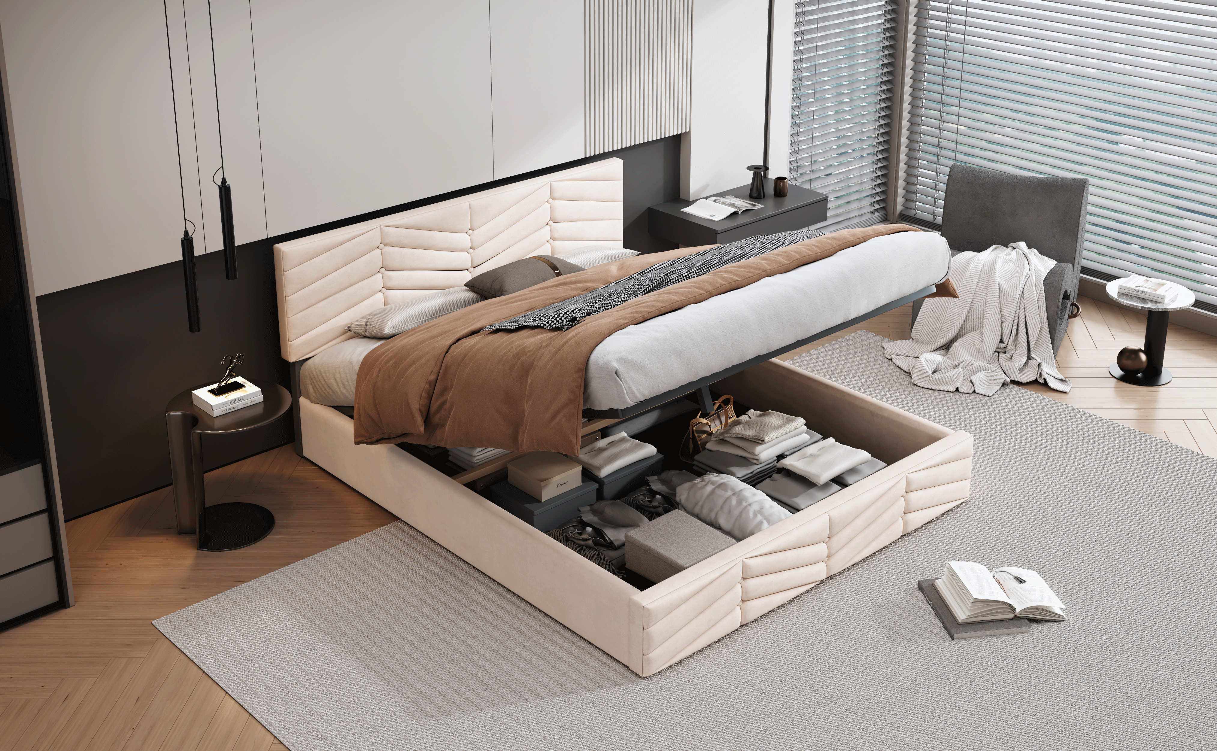 Logidon gestoffeerd bed 140x190 met in hoogte verstelbaar hoofdbord beige fluweel