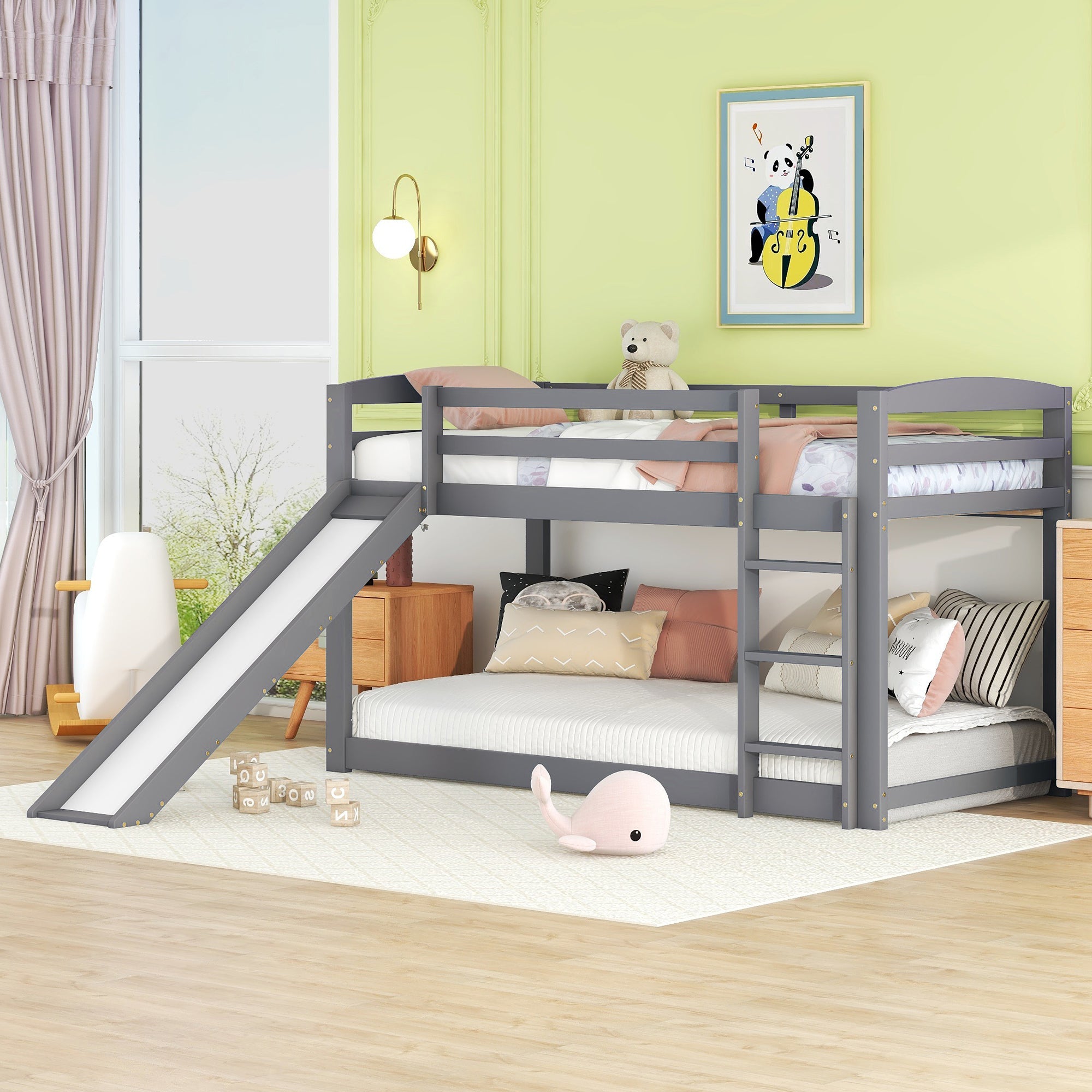Logidon Bunk Bed With Slide Gray 90x200cm Solid Wood Frame
