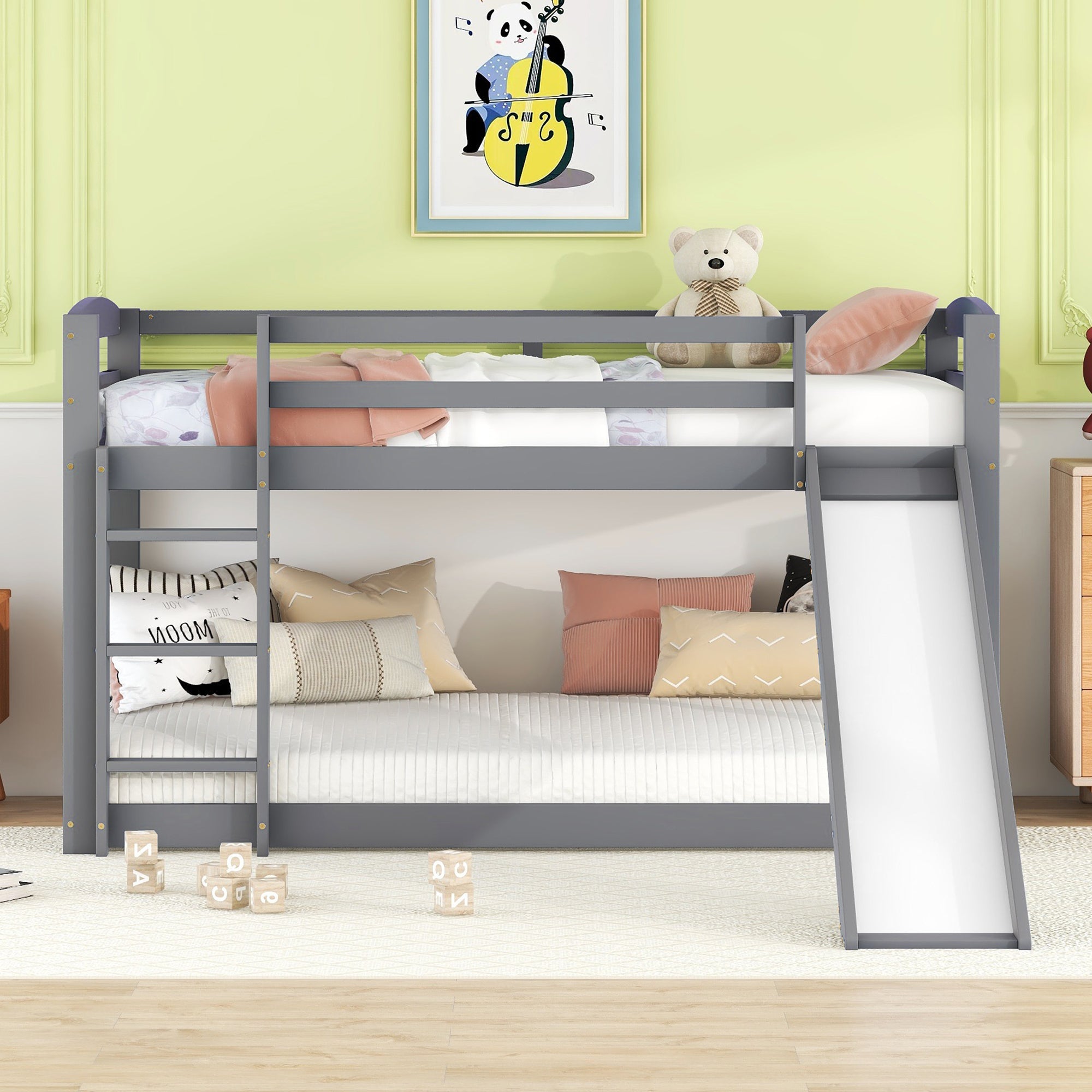 Logidon Bunk Bed With Slide Gray 90x200cm Solid Wood Frame