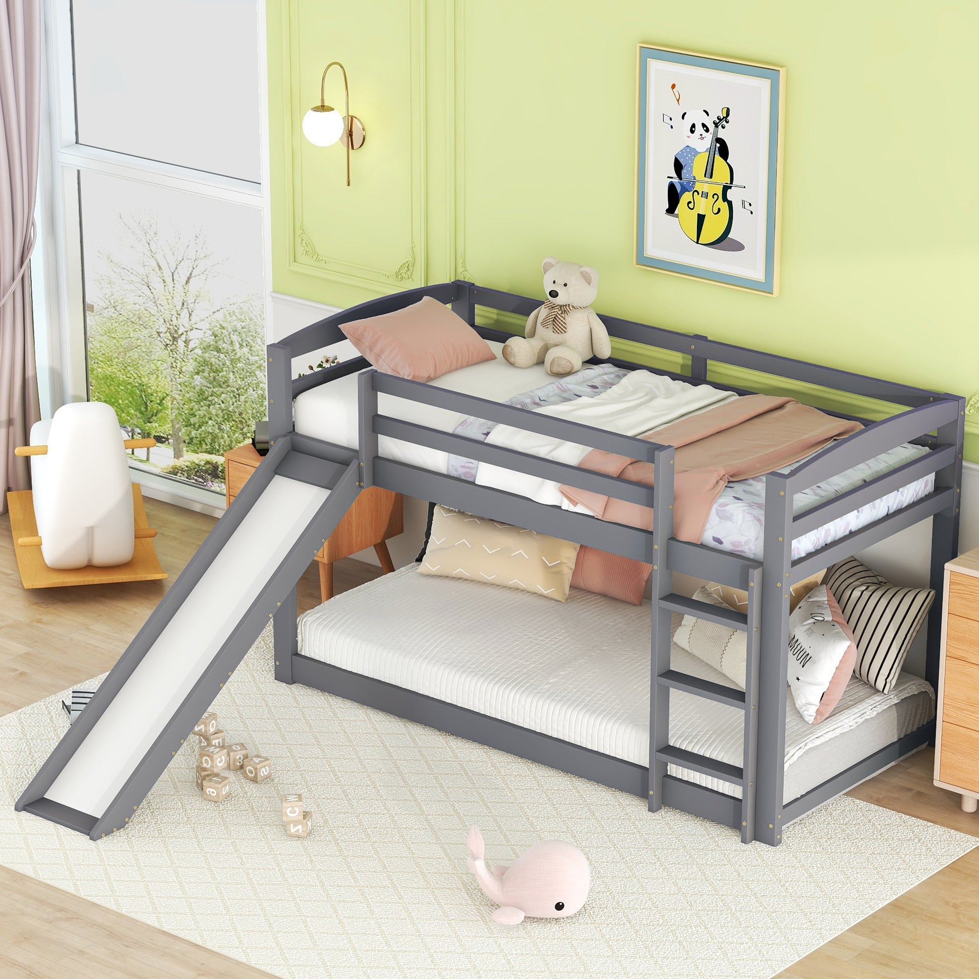 Logidon Bunk Bed With Slide Gray 90x200cm Solid Wood Frame