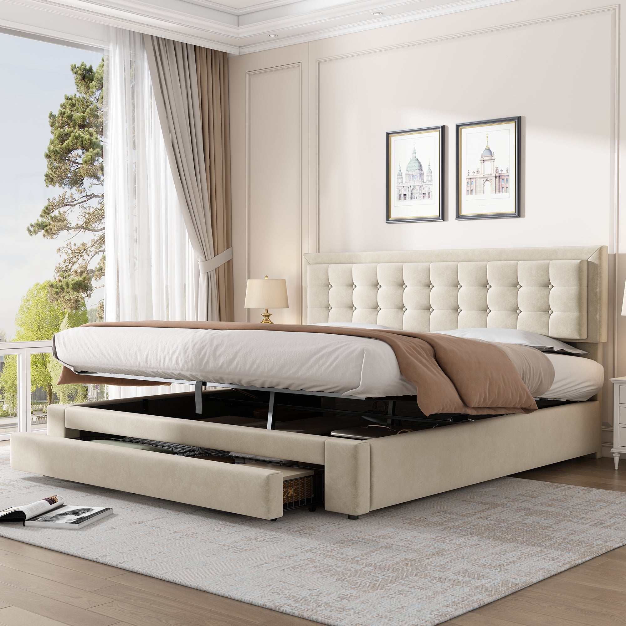 Logidon Bed With Box And Drawers 180x200 Beige Storage Space