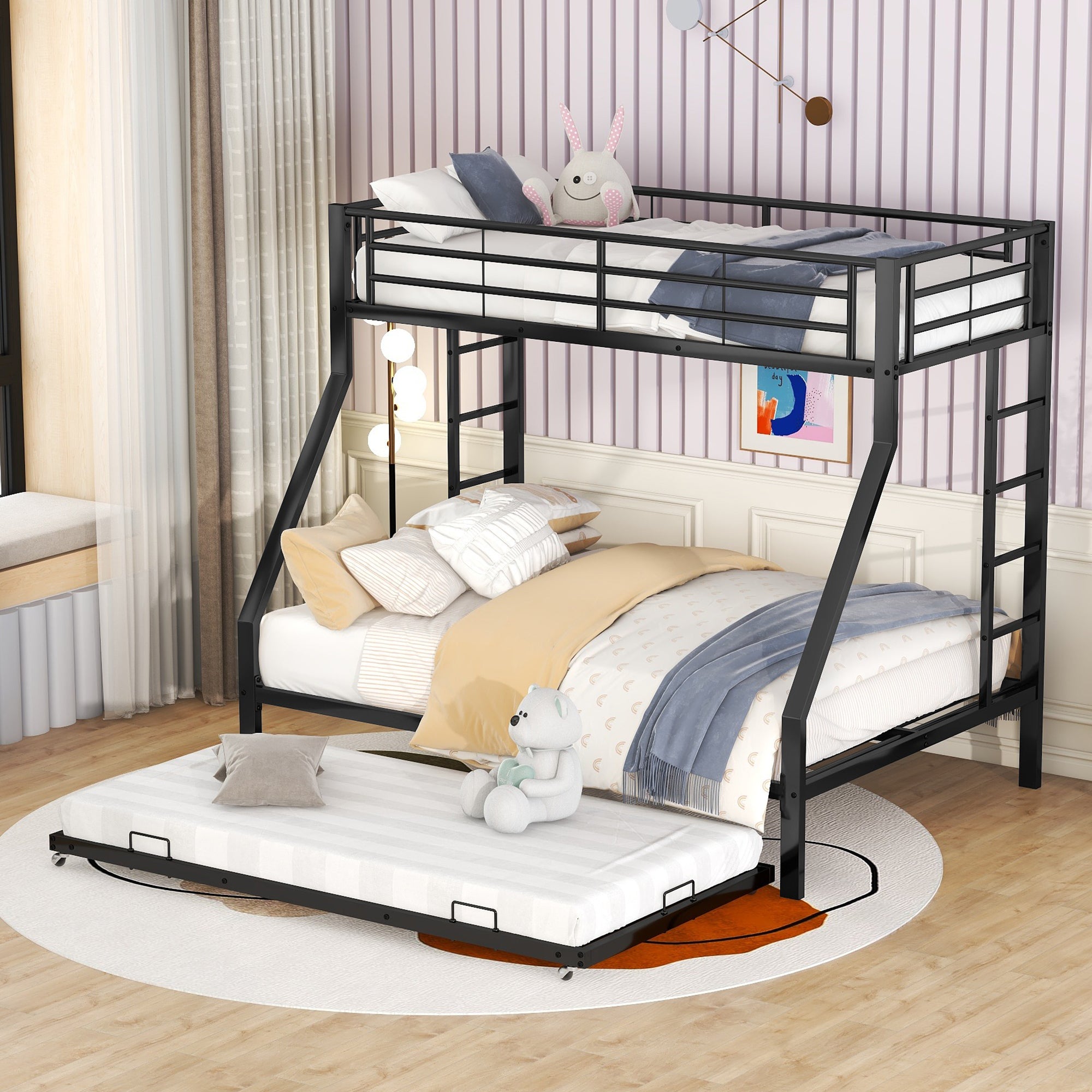 Logidon stapelbed 3 persoons zwart met uitschuifbaar bed