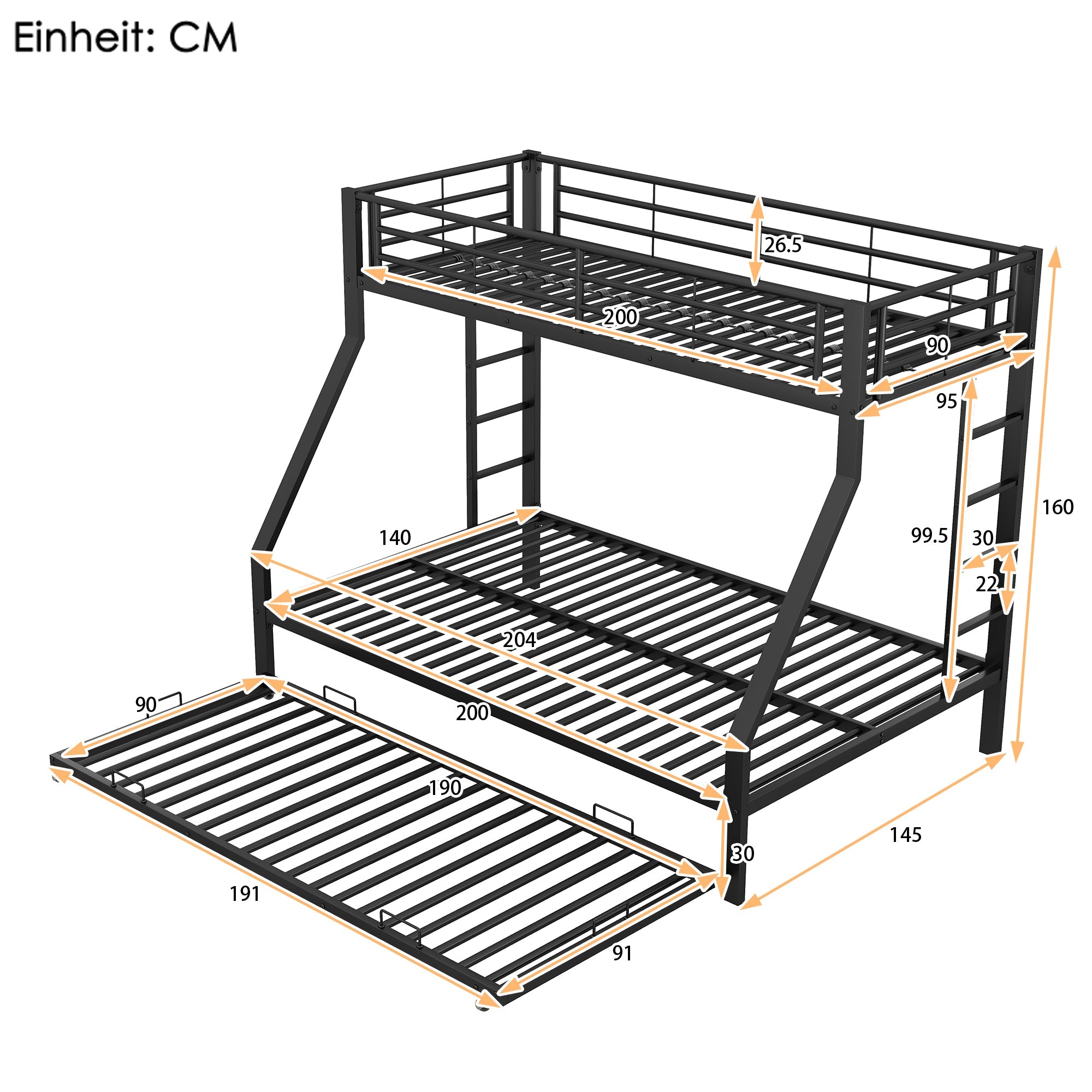 Logidon stapelbed 3 persoons zwart met uitschuifbaar bed