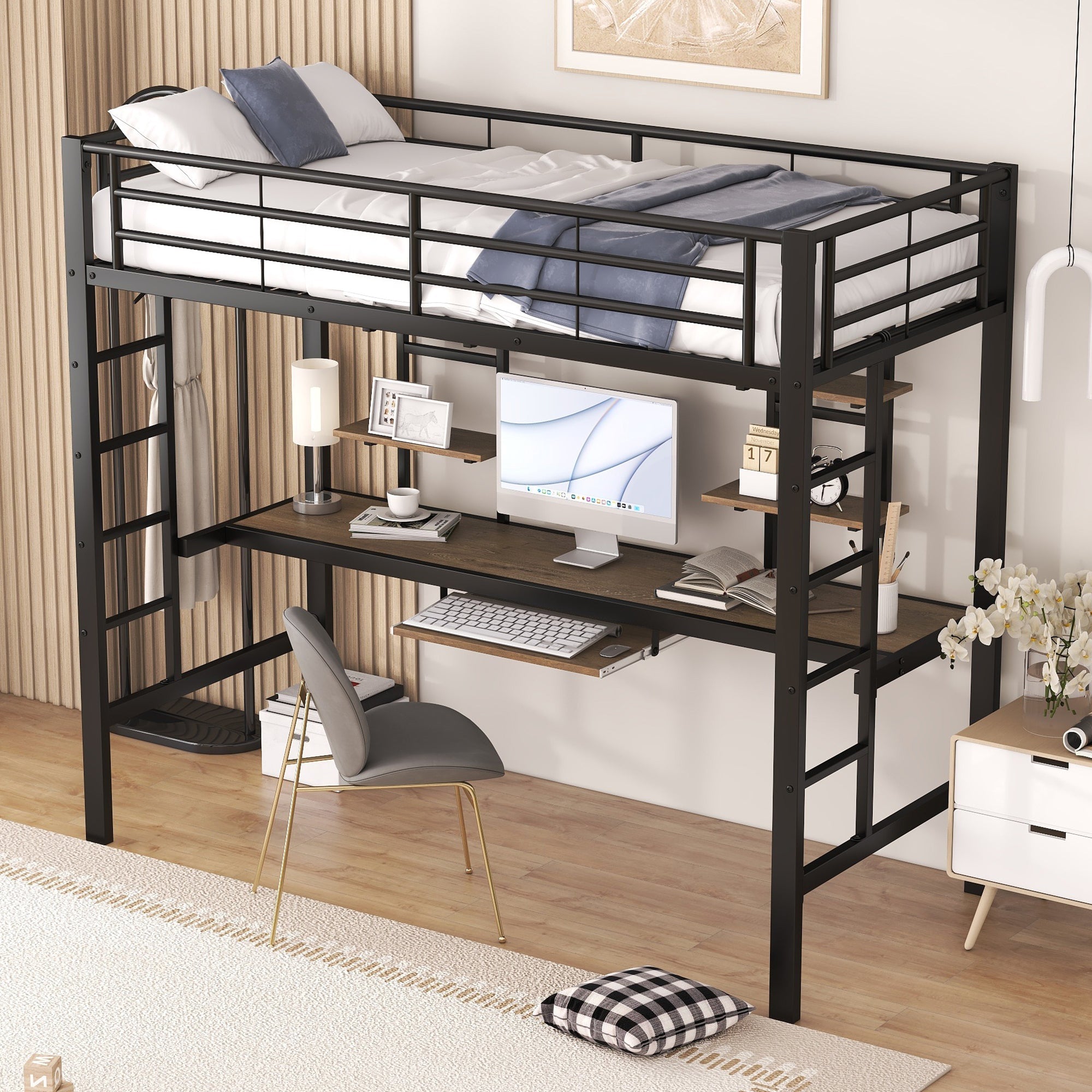 Logidon hoogslaper metaal 90x200cm zwart met bureau en planken