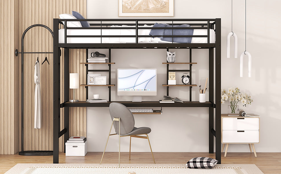 Logidon loft bed metal 90x200cm black with desk and shelves