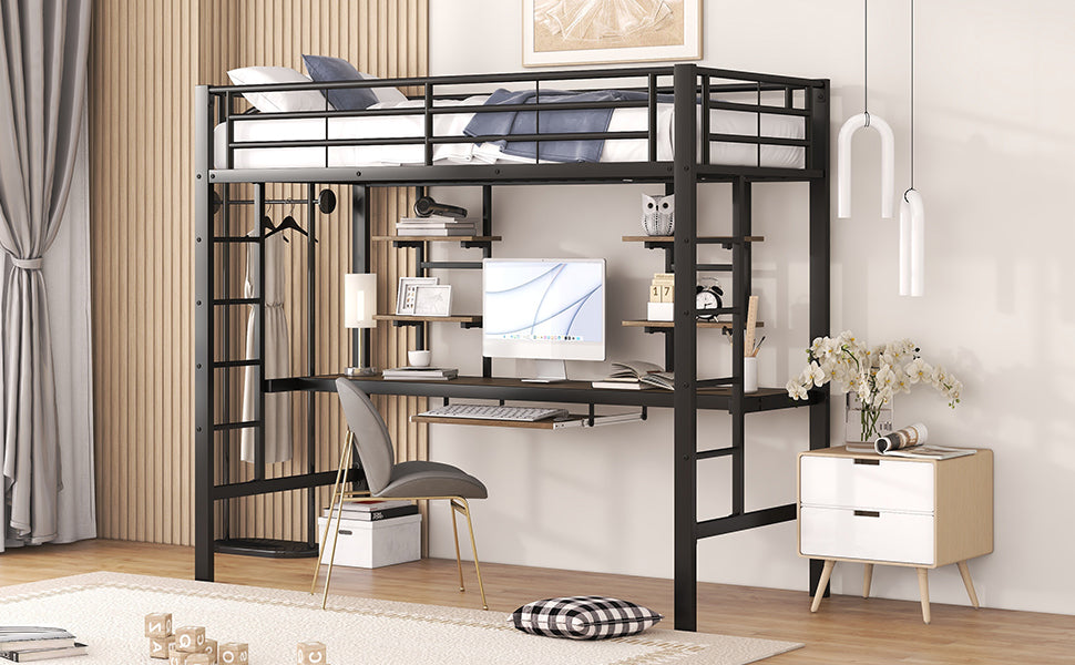 Logidon loft bed metal 90x200cm black with desk and shelves