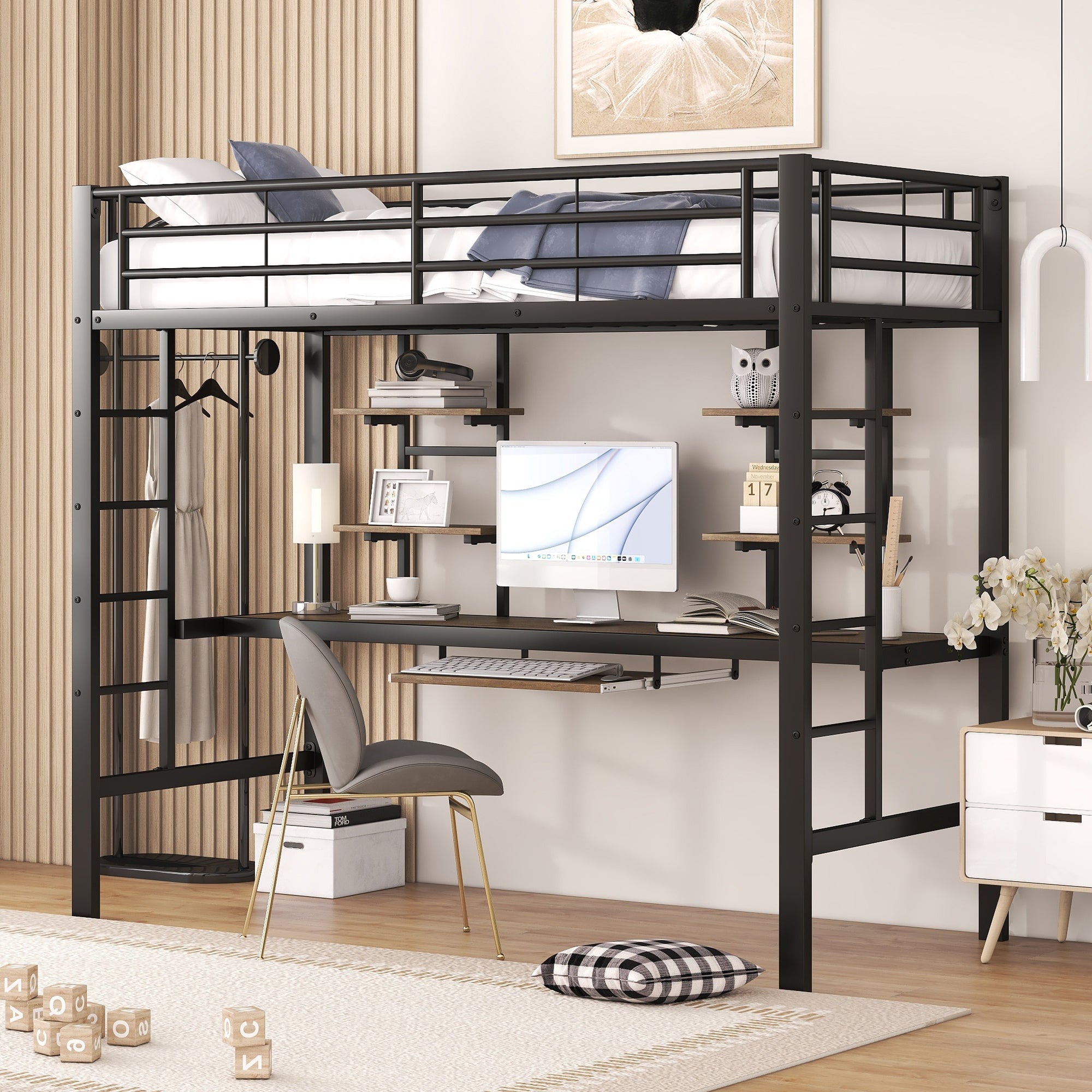 Logidon loft bed metal 90x200cm black with desk and shelves