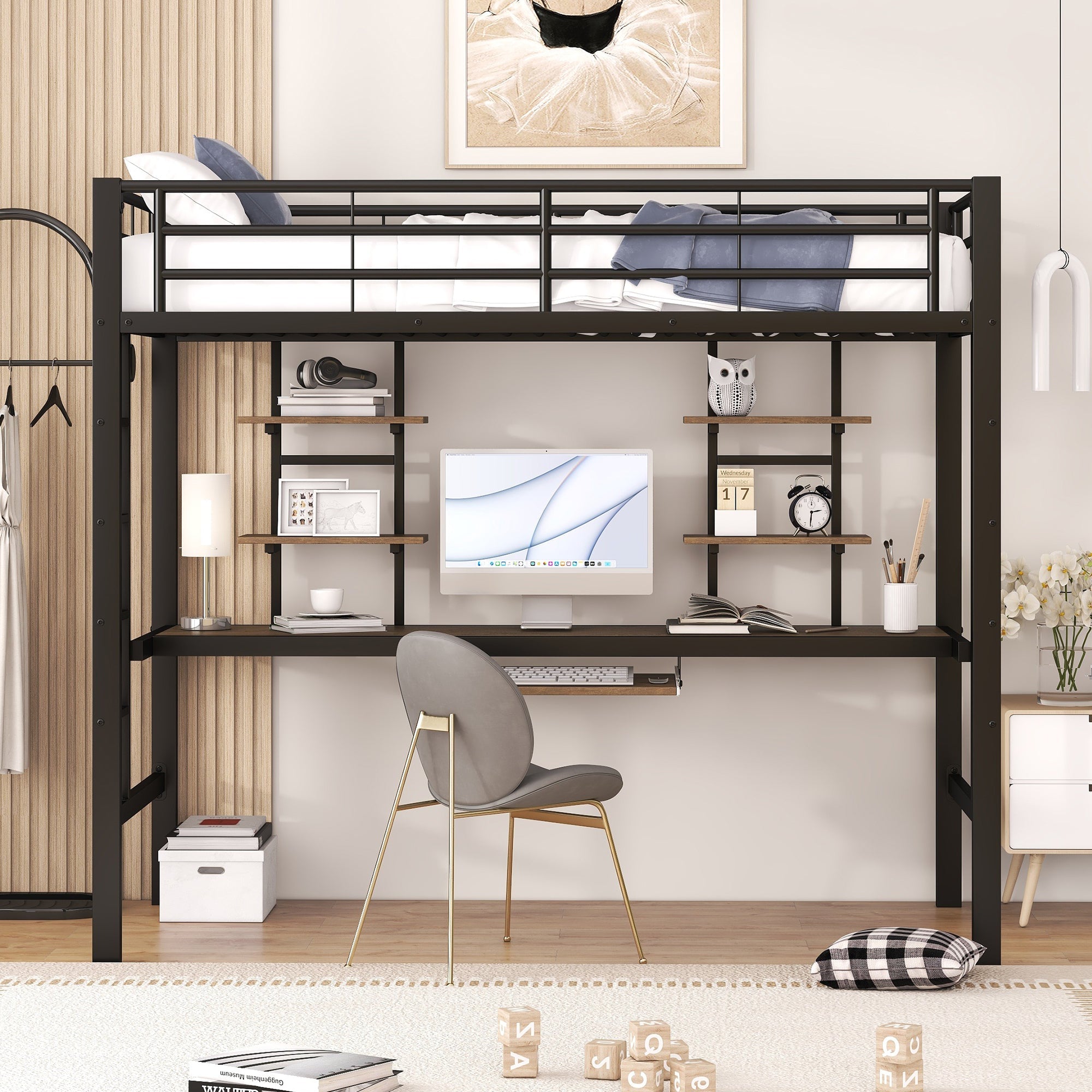 Logidon loft bed metal 90x200cm black with desk and shelves