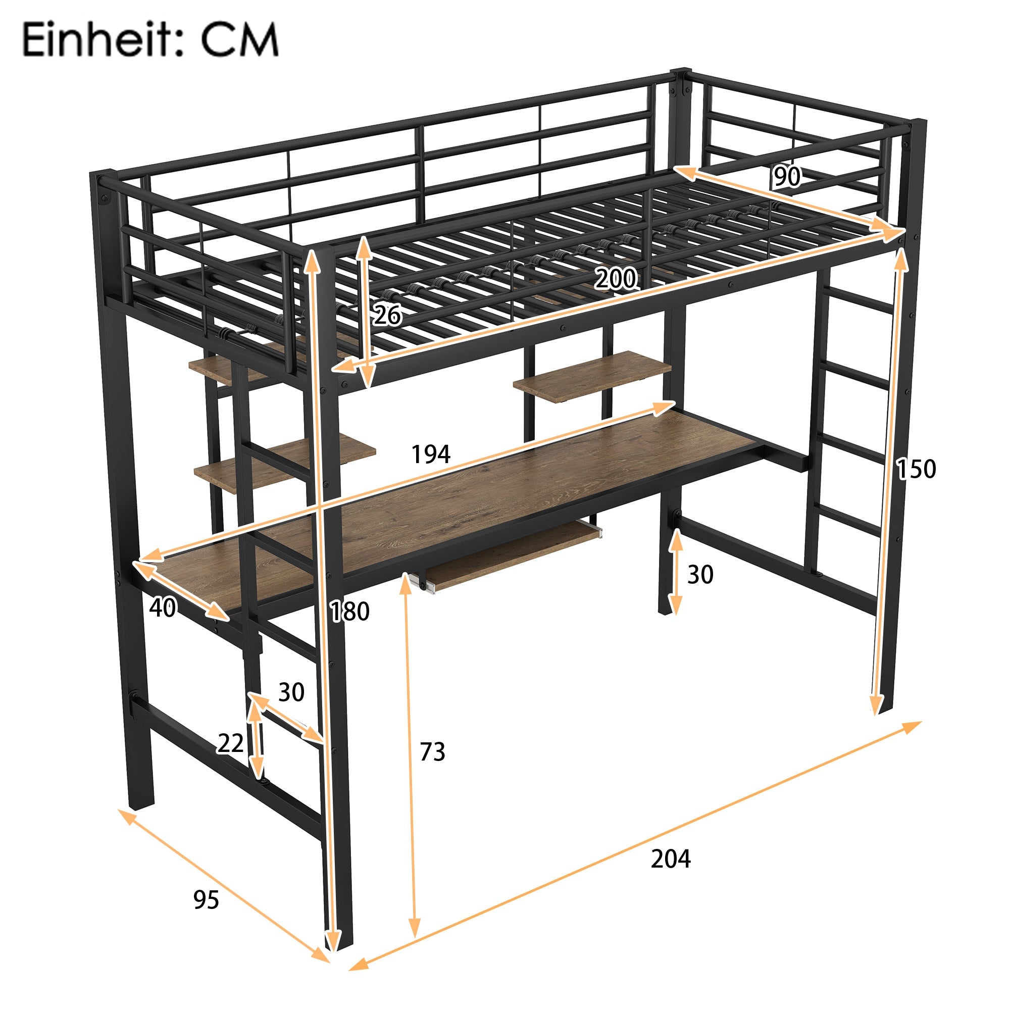 Logidon loft bed metal 90x200cm black with desk and shelves