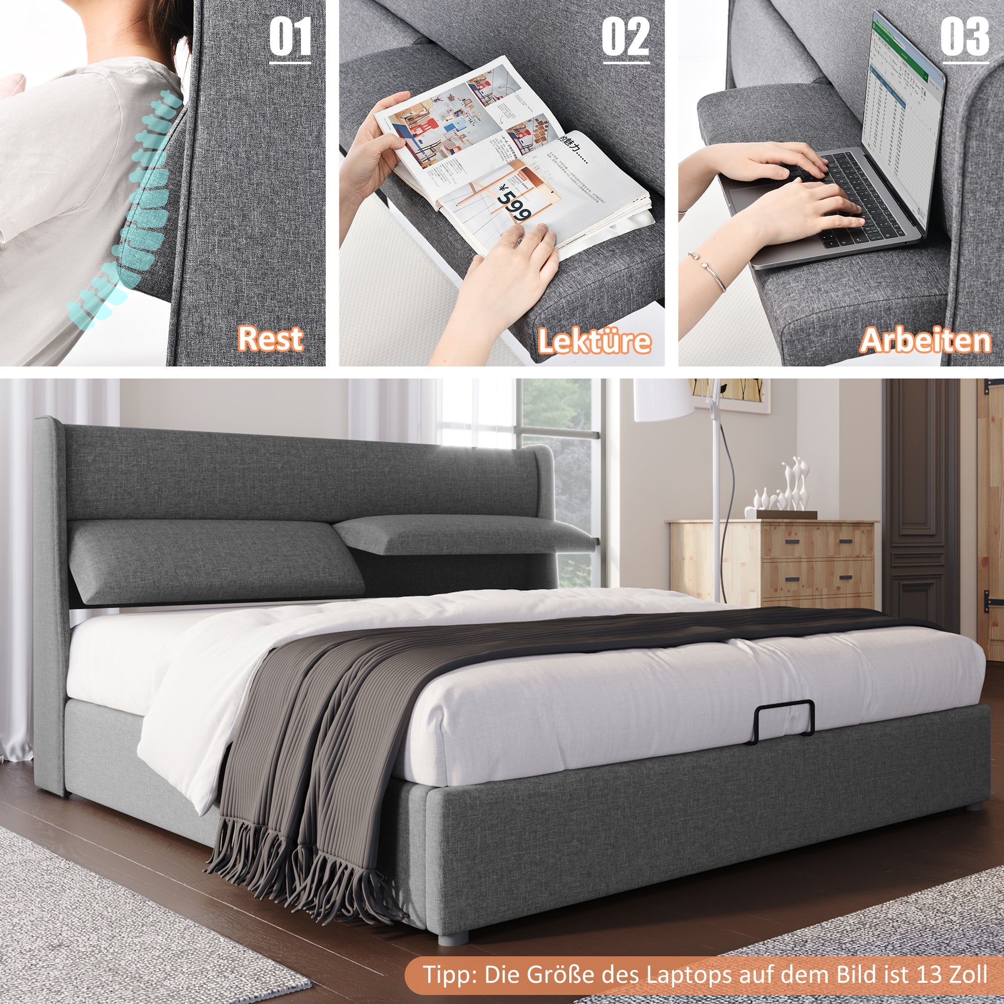 Logidon double bed 180x200 gray with adjustable headrests
