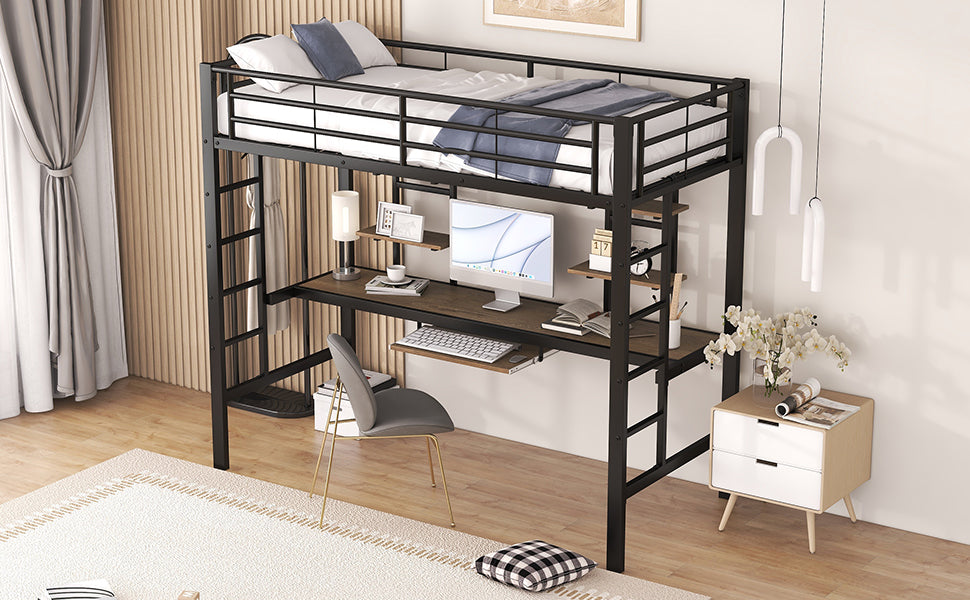 Logidon loft bed metal 90x200cm black with desk and shelves