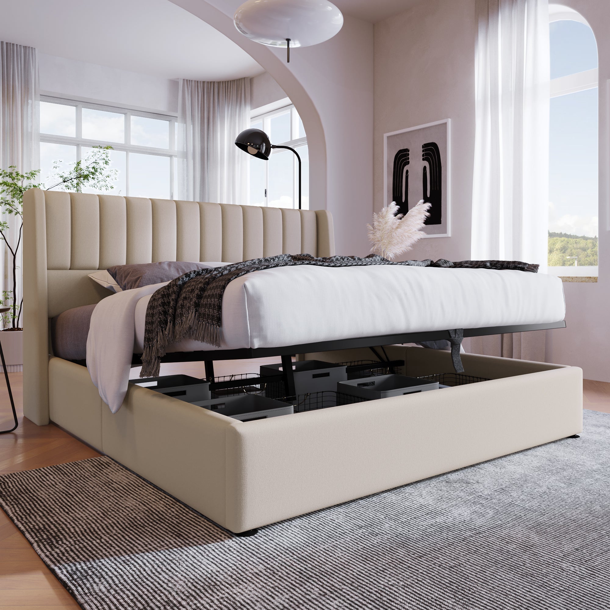 Logidon opbergbed gestoffeerd bed hydraulisch 180x200 cm beige linnen