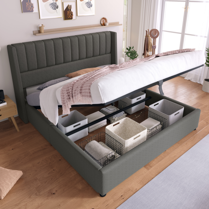 Logidon opbergbed gestoffeerd bed hydraulisch 2-persoonsbed 160x200 grijs