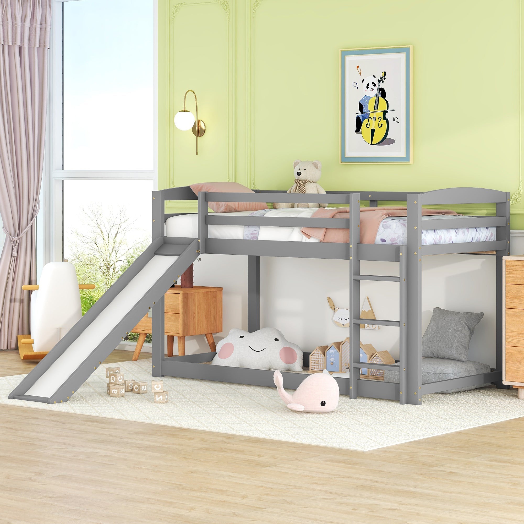 Logidon Bunk Bed With Slide Gray 90x200cm Solid Wood Frame