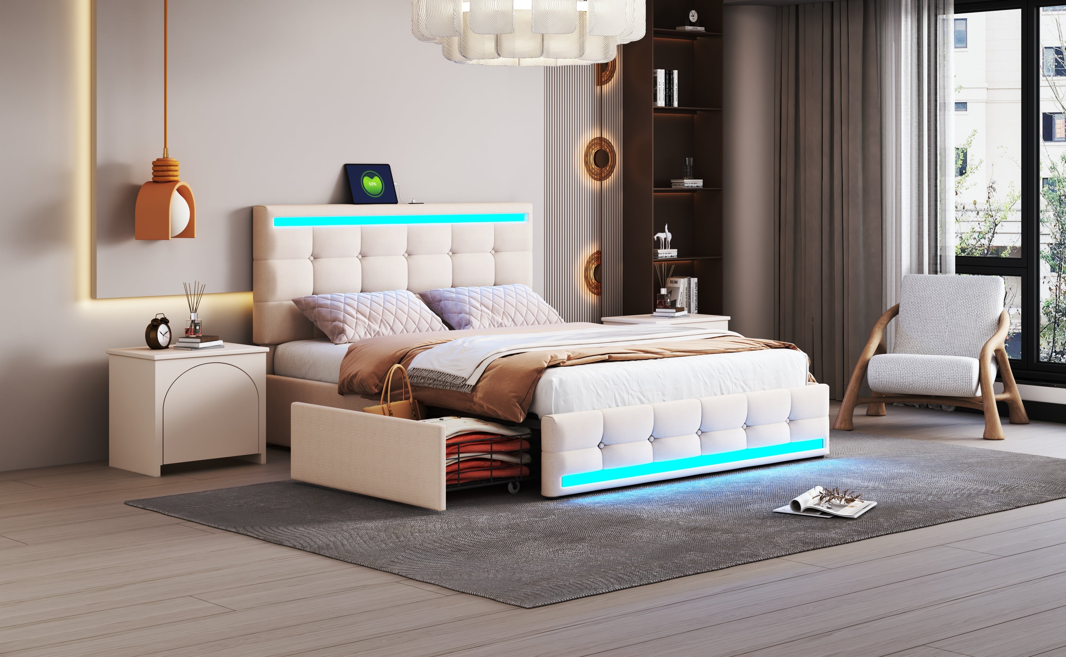 Logidon gestoffeerd bed 140x200 beige met LED-verlichting, 4 lades, USB