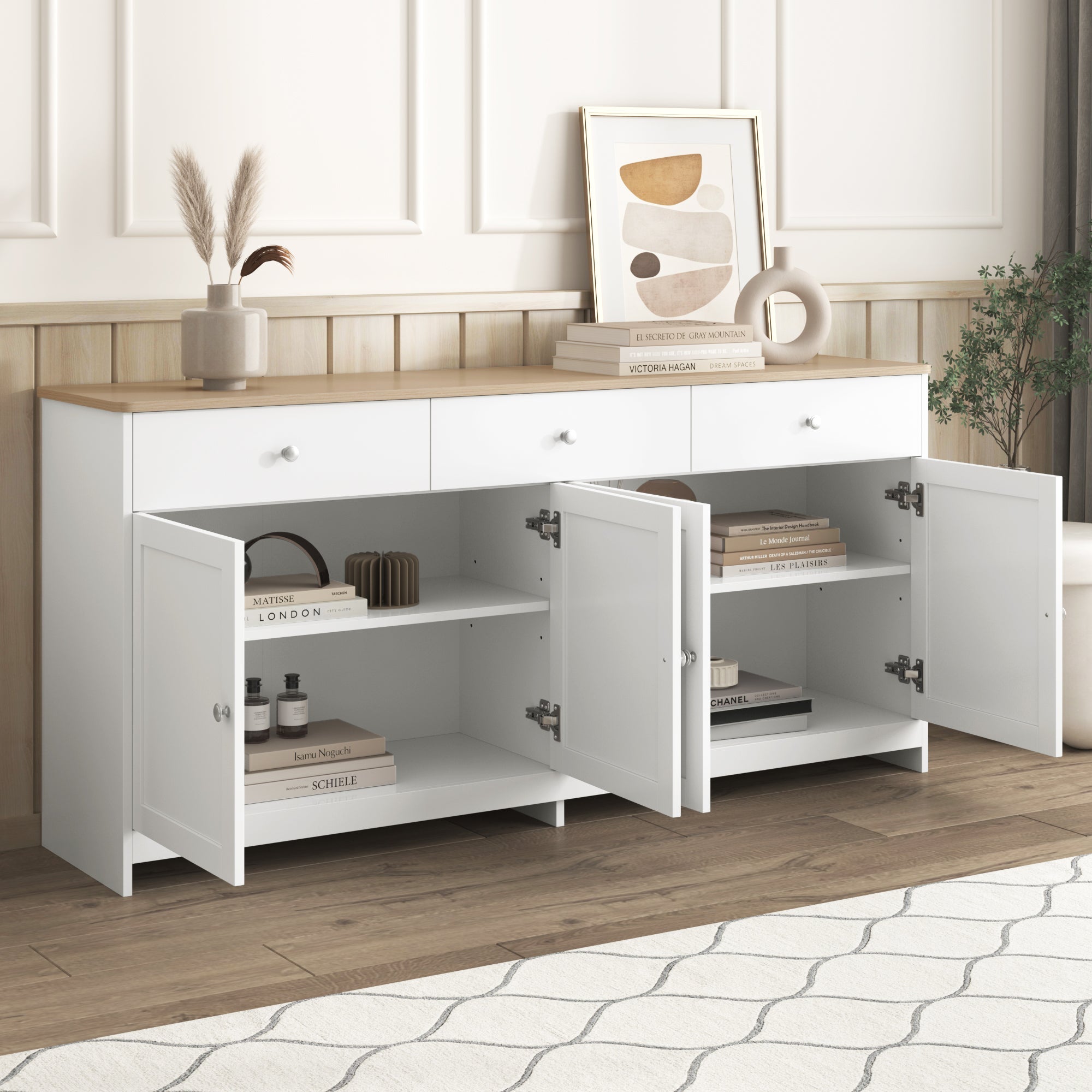 Logidon Sideboard 160 cm White Wood Grain Four Doors Three Drawers