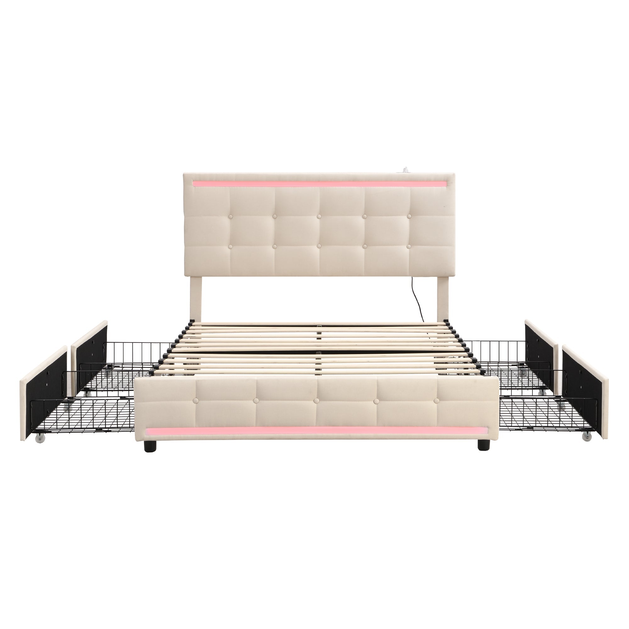 Logidon gestoffeerd bed 140x200 beige met LED-verlichting, 4 lades, USB