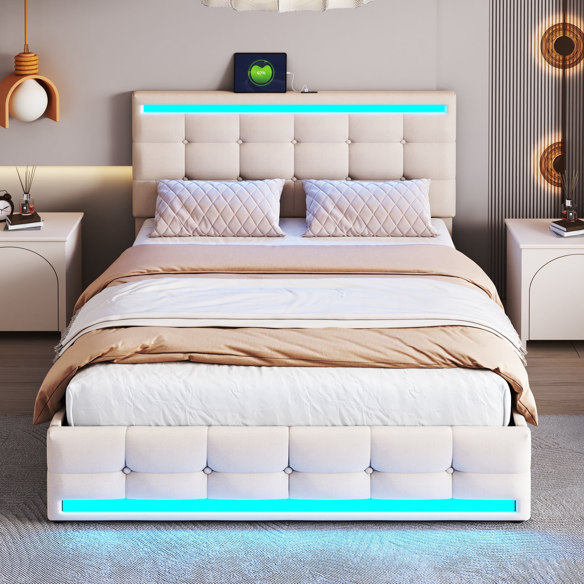 Logidon gestoffeerd bed 140x200 beige met LED-verlichting, 4 lades, USB