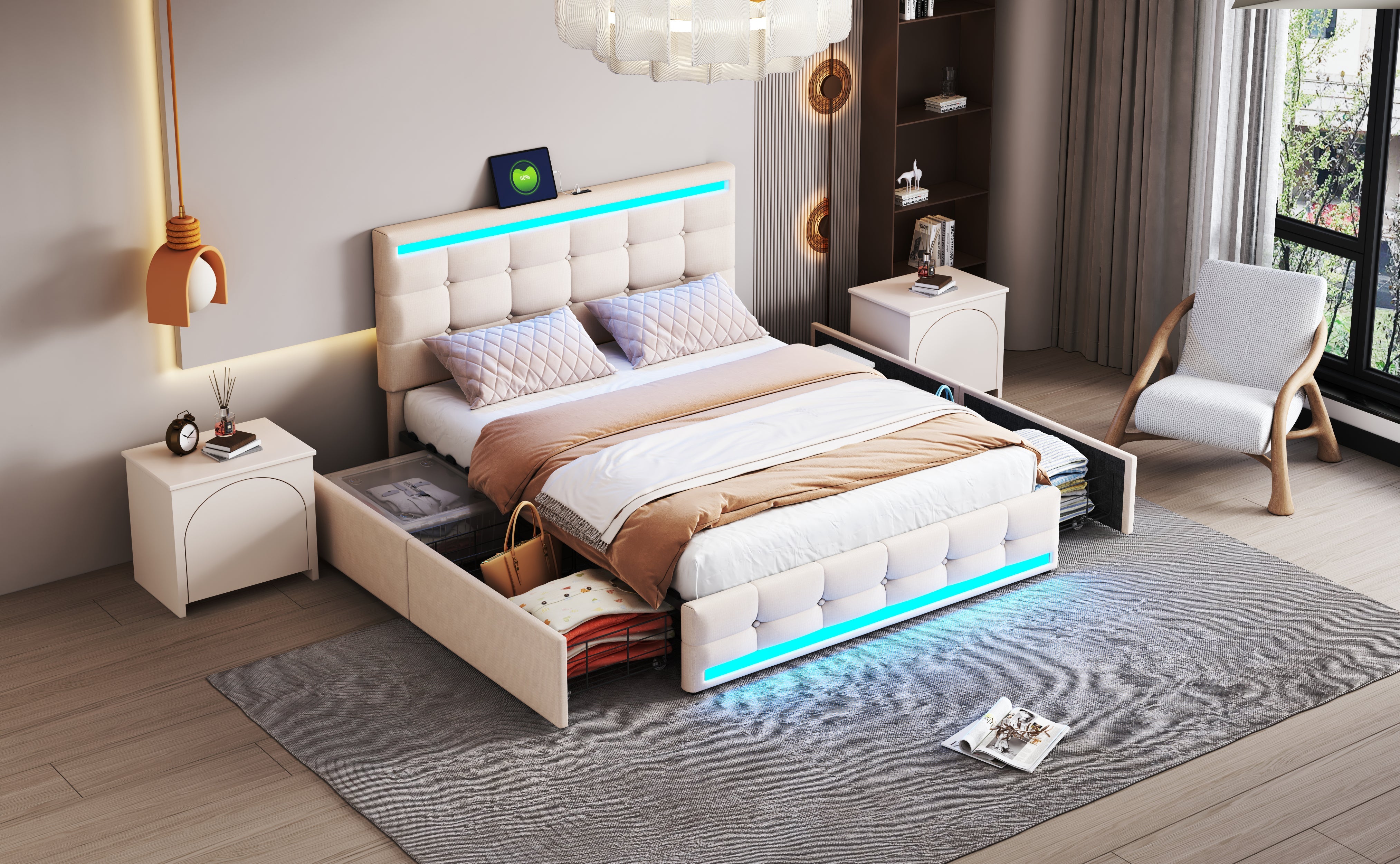 Logidon gestoffeerd bed 140x200 beige met LED-verlichting, 4 lades, USB