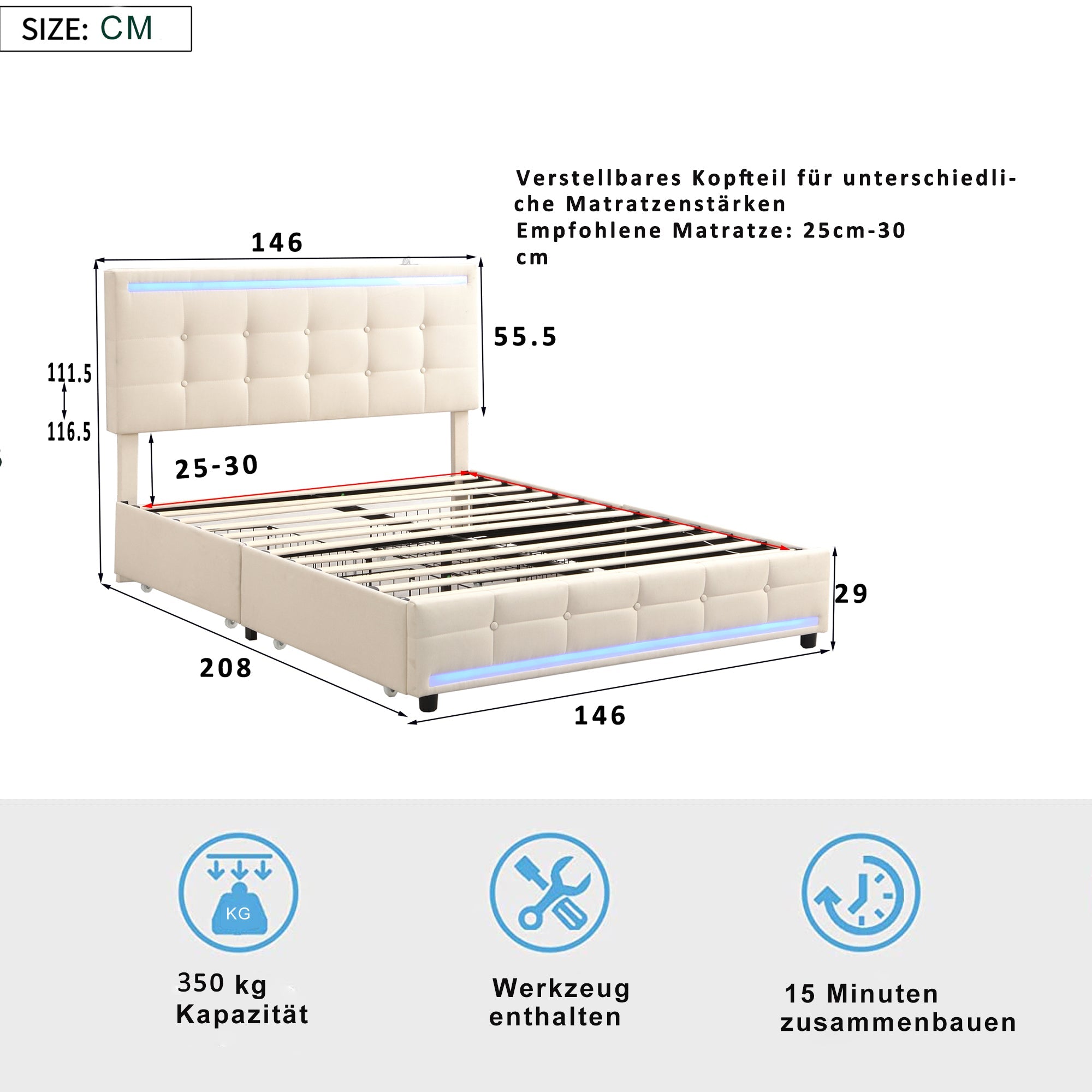 Logidon gestoffeerd bed 140x200 beige met LED-verlichting, 4 lades, USB