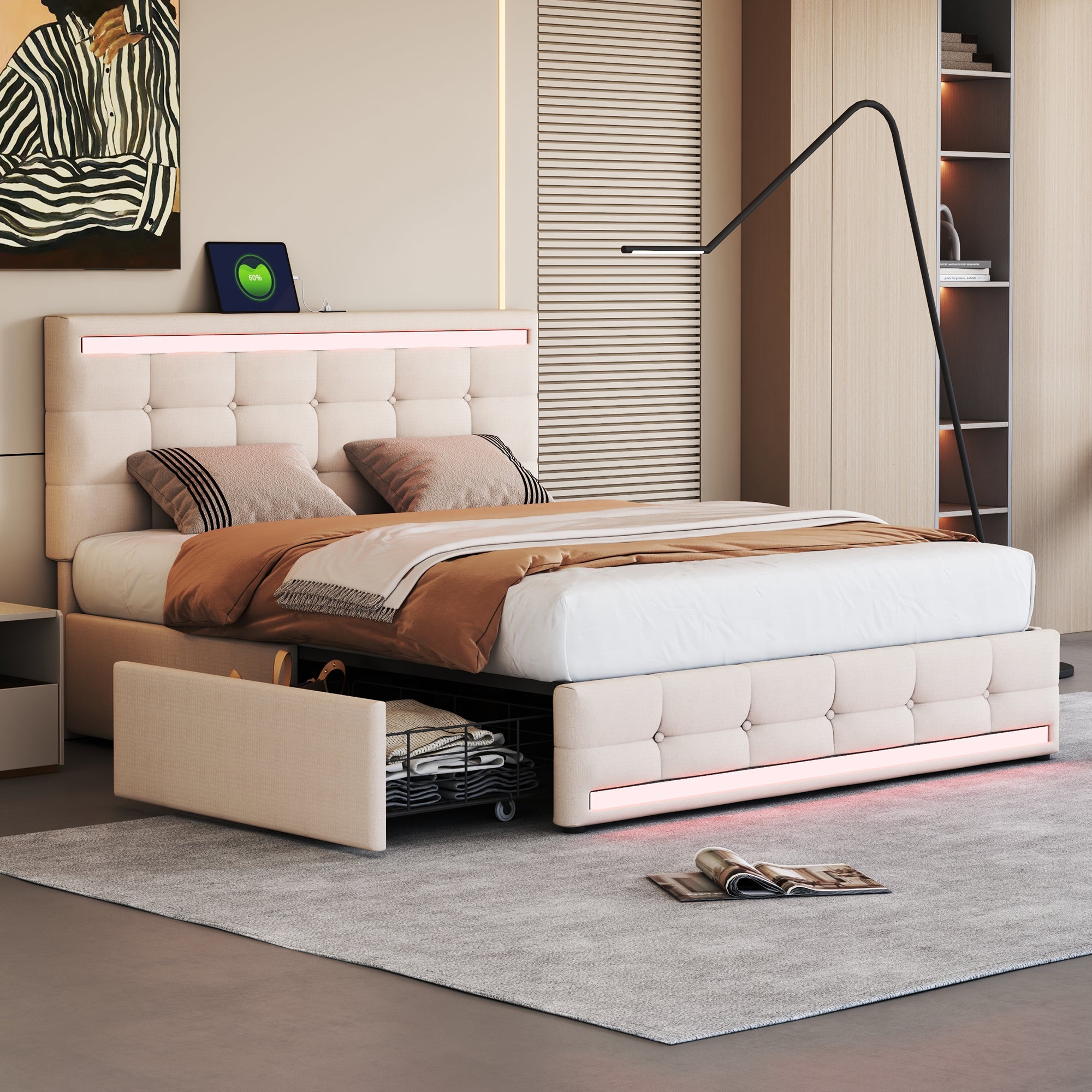 Logidon gestoffeerd bed 140x200 beige met LED-verlichting, 4 lades, USB