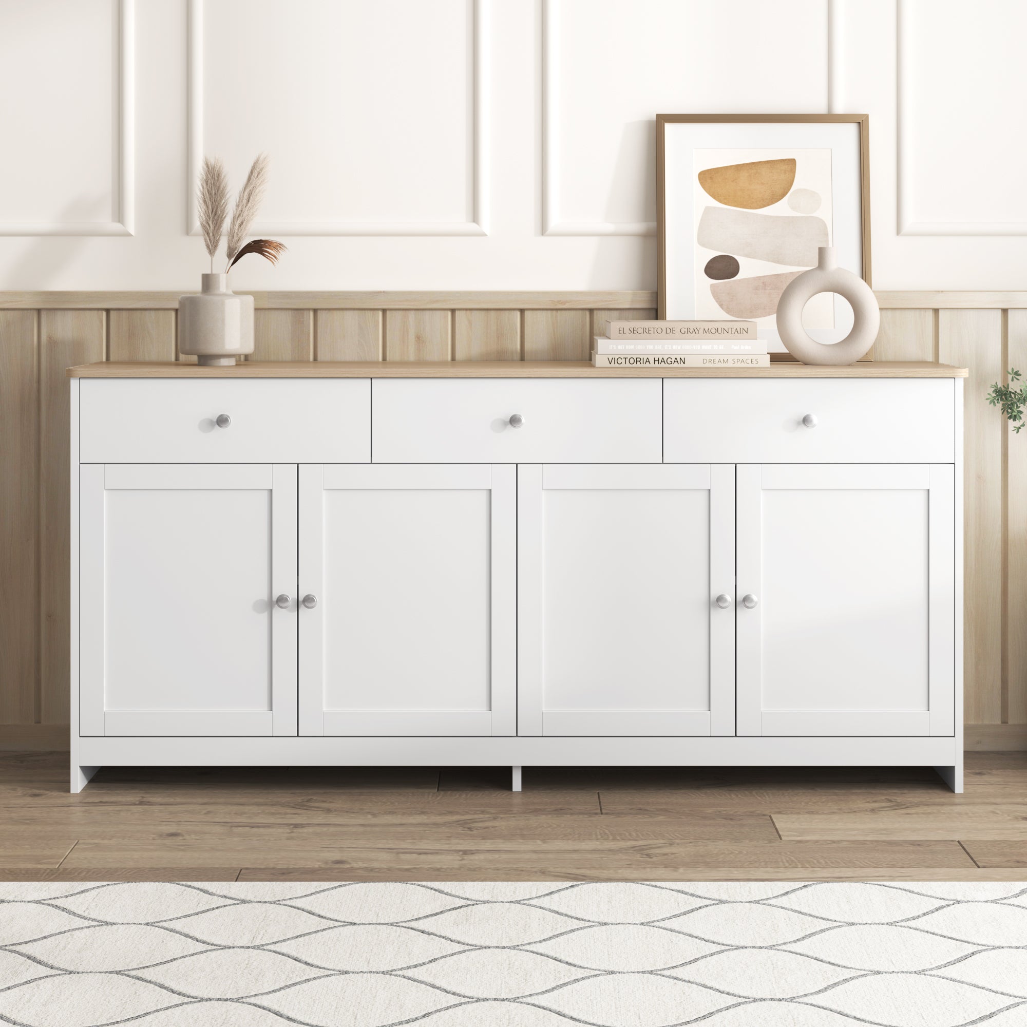 Logidon Sideboard 160 cm White Wood Grain Four Doors Three Drawers