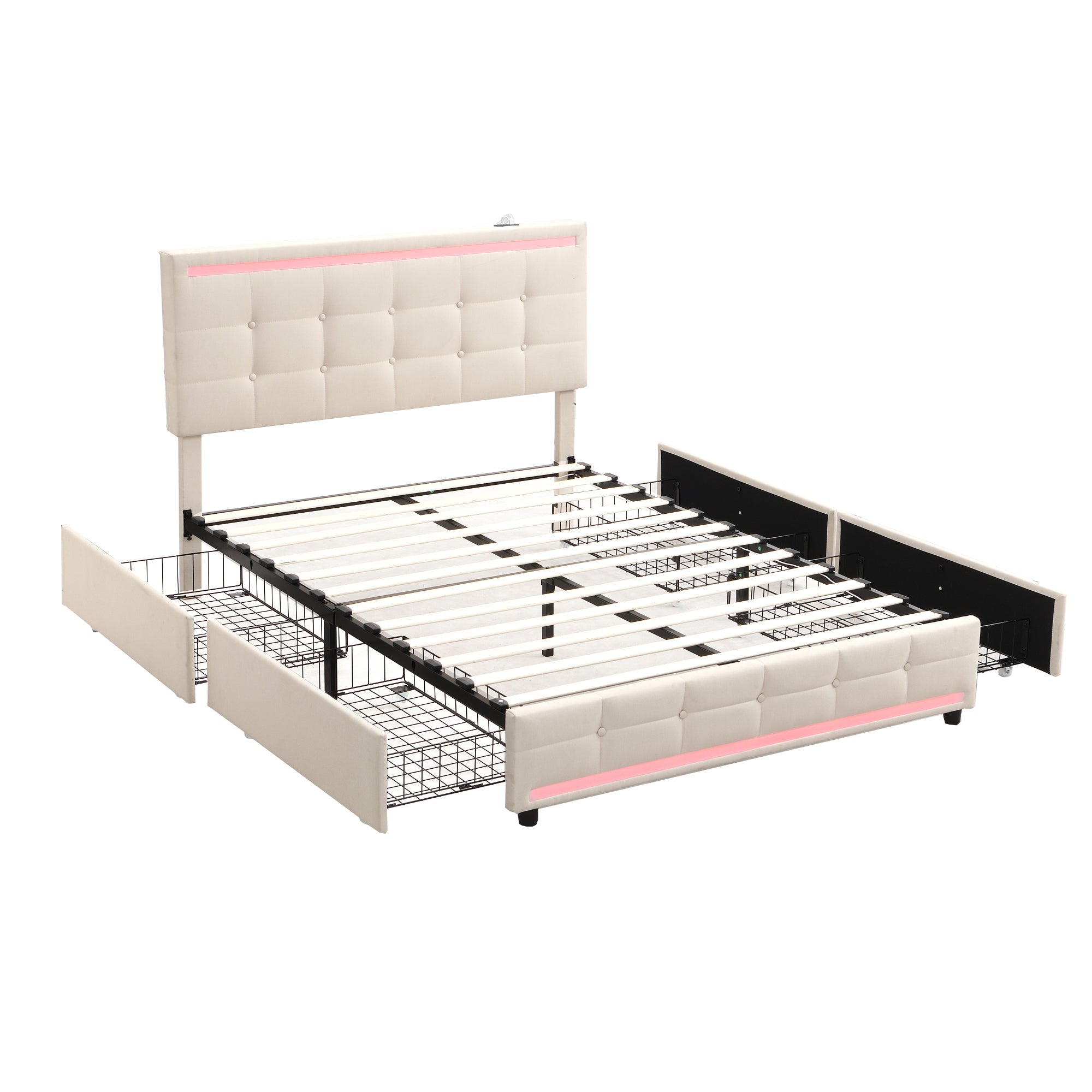 Logidon gestoffeerd bed 140x200 beige met LED-verlichting, 4 lades, USB
