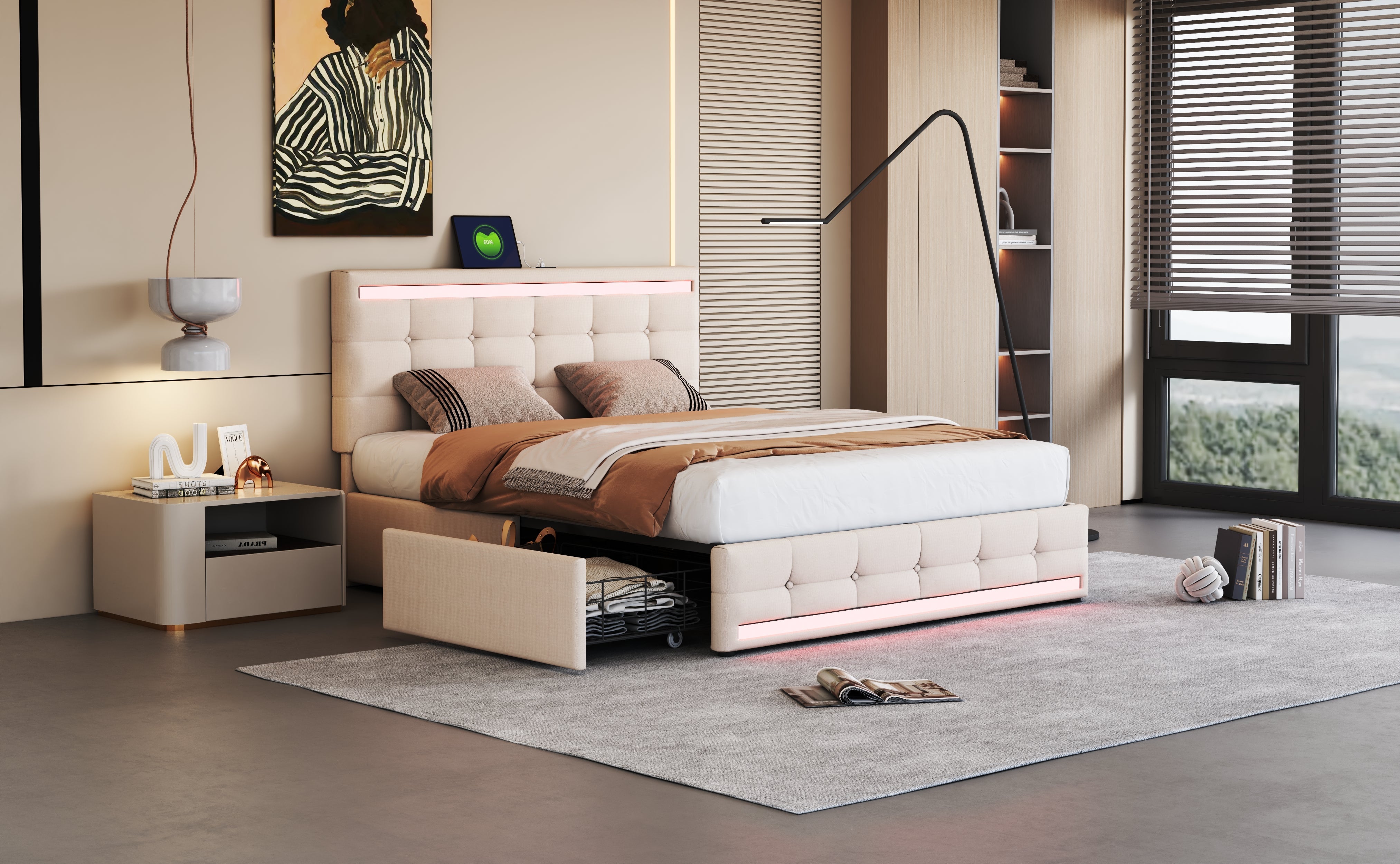 Logidon gestoffeerd bed 140x200 beige met LED-verlichting, 4 lades, USB